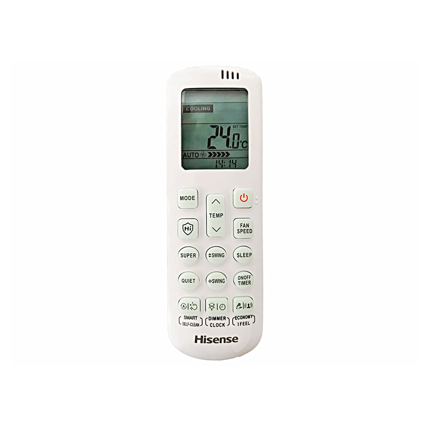 Un mando a distancia blanco de aire acondicionado Hisense. Tiene muchos botones y una pantalla que muestra 24.0.