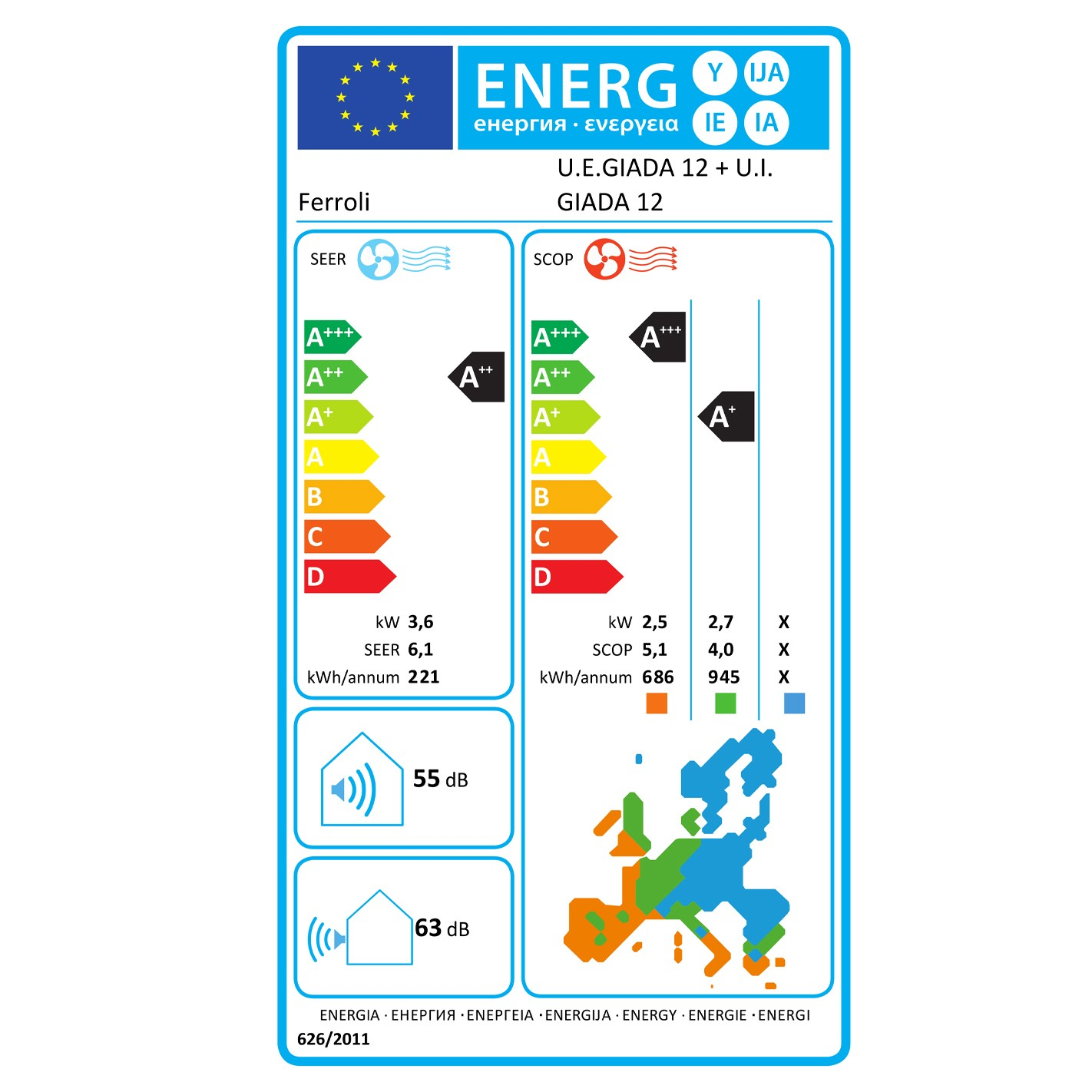 Etiqueta de eficiencia energética con clasificaciones e información sobre fondo blanco.