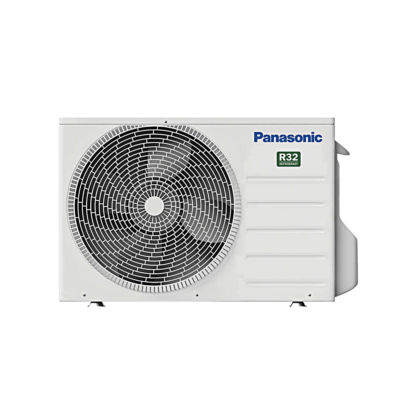 Un aire acondicionado Panasonic blanco. El ventilador es visible.