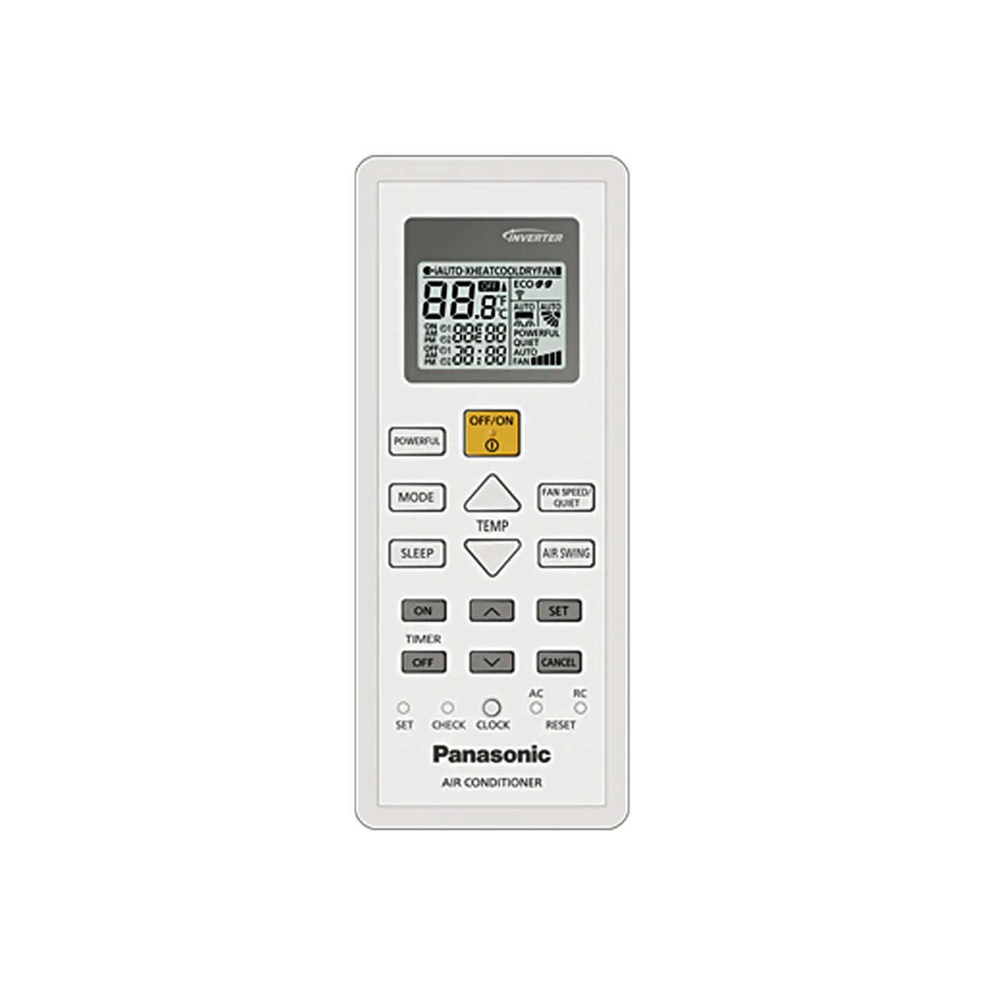 Un mando a distancia blanco de aire acondicionado Panasonic mostrando temperatura, modo y temporizador.