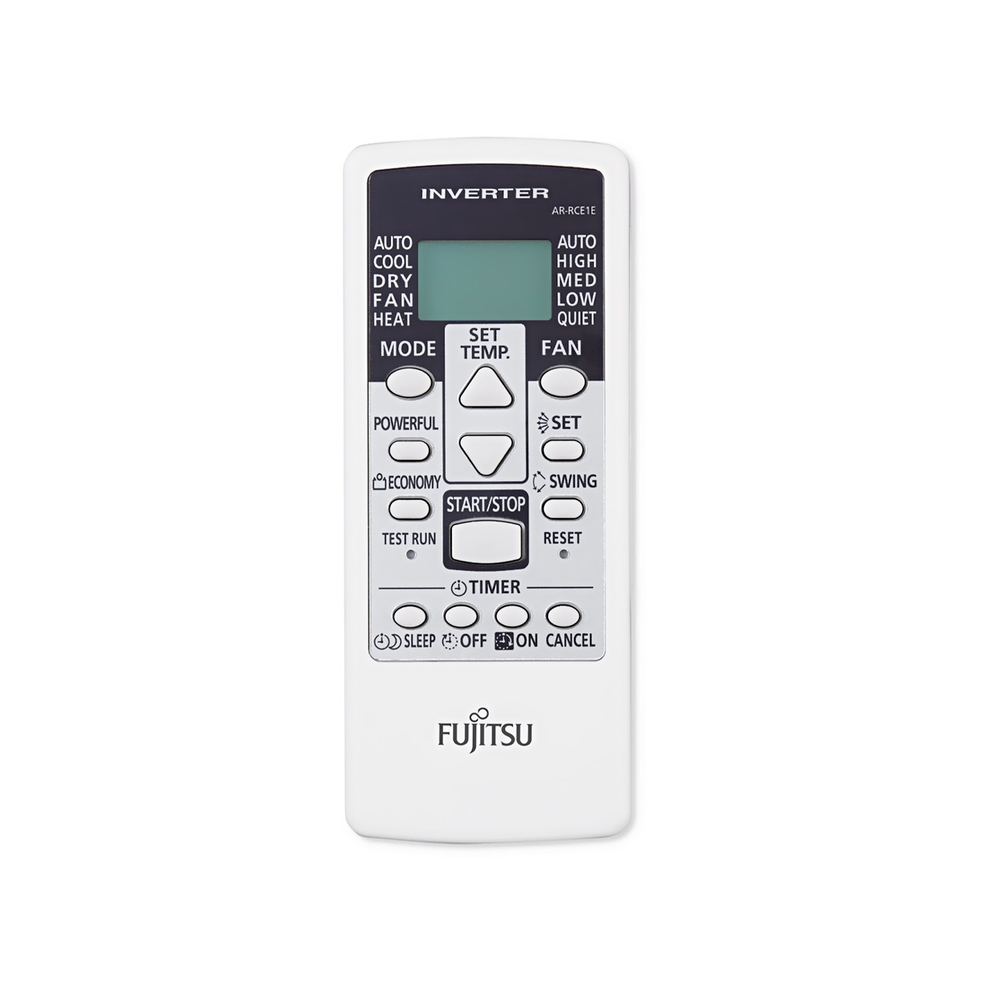 Mando a distancia blanco con botones y nombre de marca.