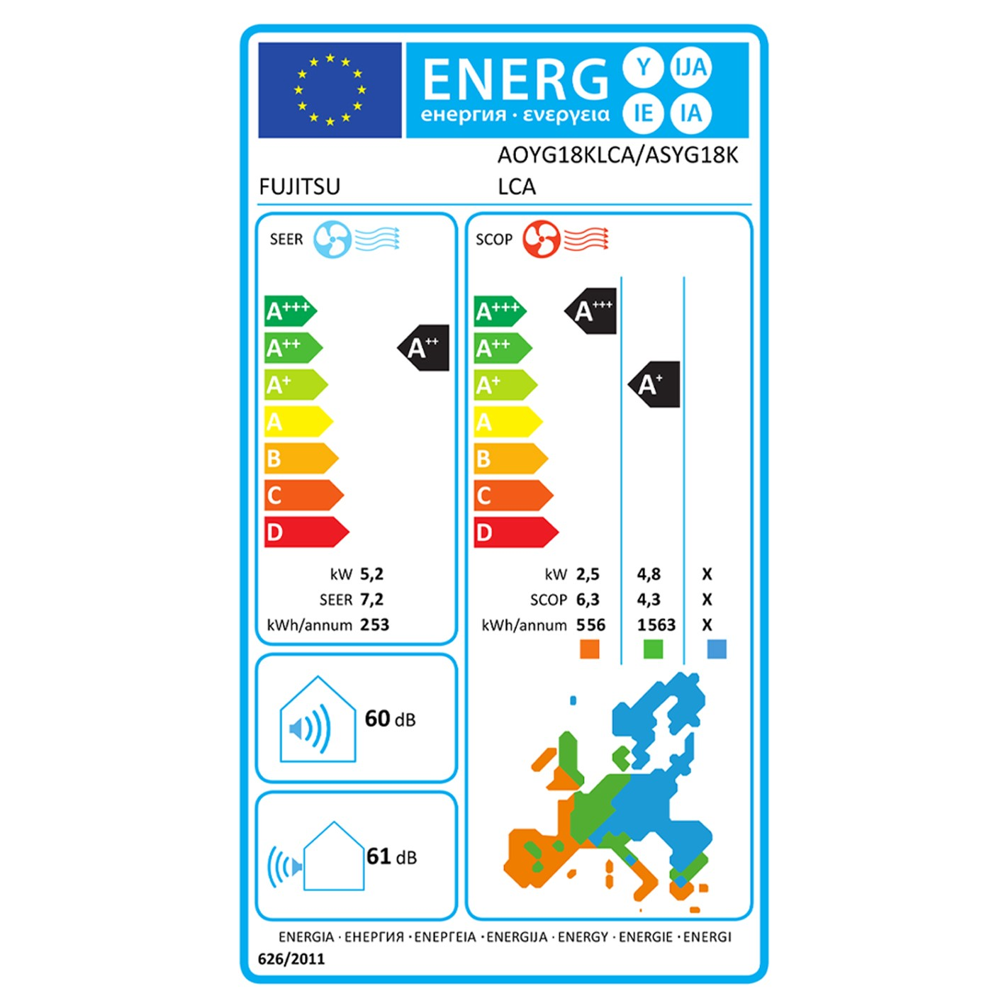 Etiqueta energética del aire acondicionado con clasificaciones A+++, A++, A+, A, B, C, D y datos técnicos.