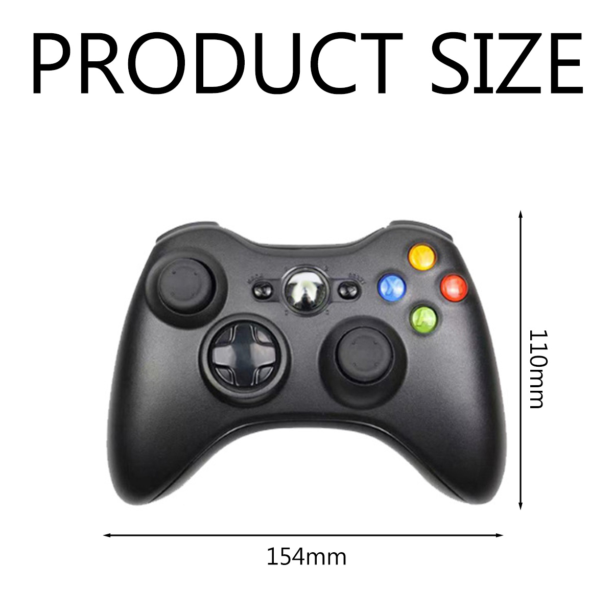 Schwarzer Gamecontroller mit farbigen Knöpfen; Maße sind 154mm x 110mm.