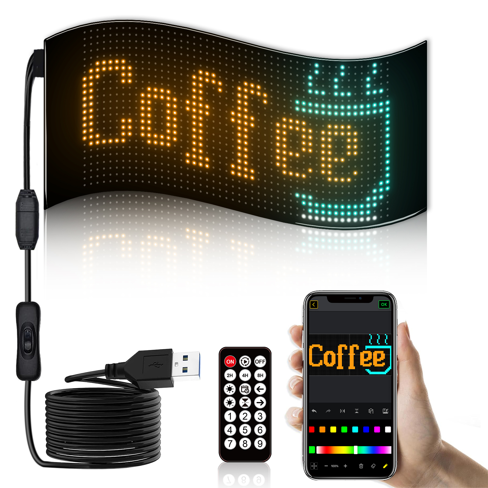 Flexibles LED-Schild mit dem Wort 'Coffee', mit Fernbedienung und Telefon.