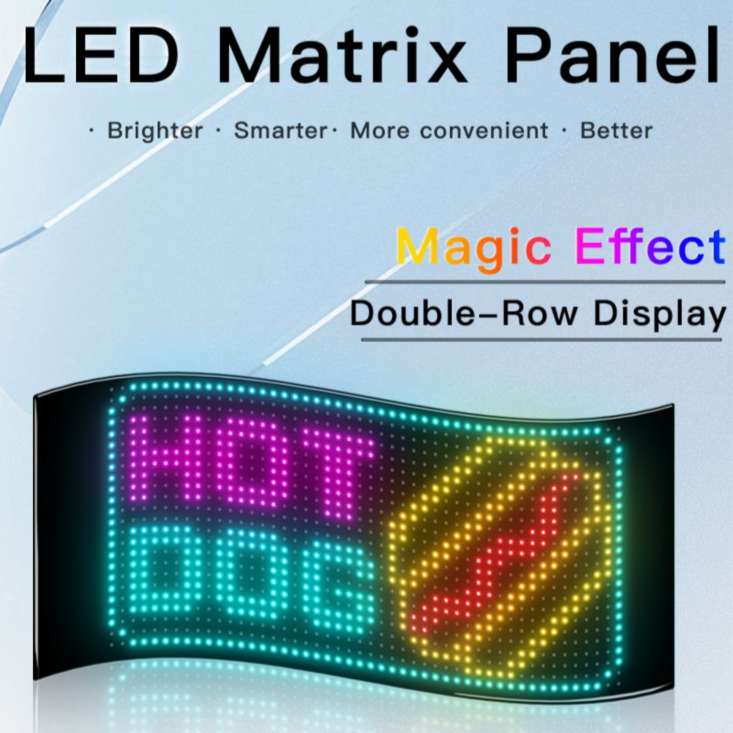 LED-Matrix-Panel mit 'HOT DOG' und farbiger Hotdog-Grafik vor blauem Hintergrund.
