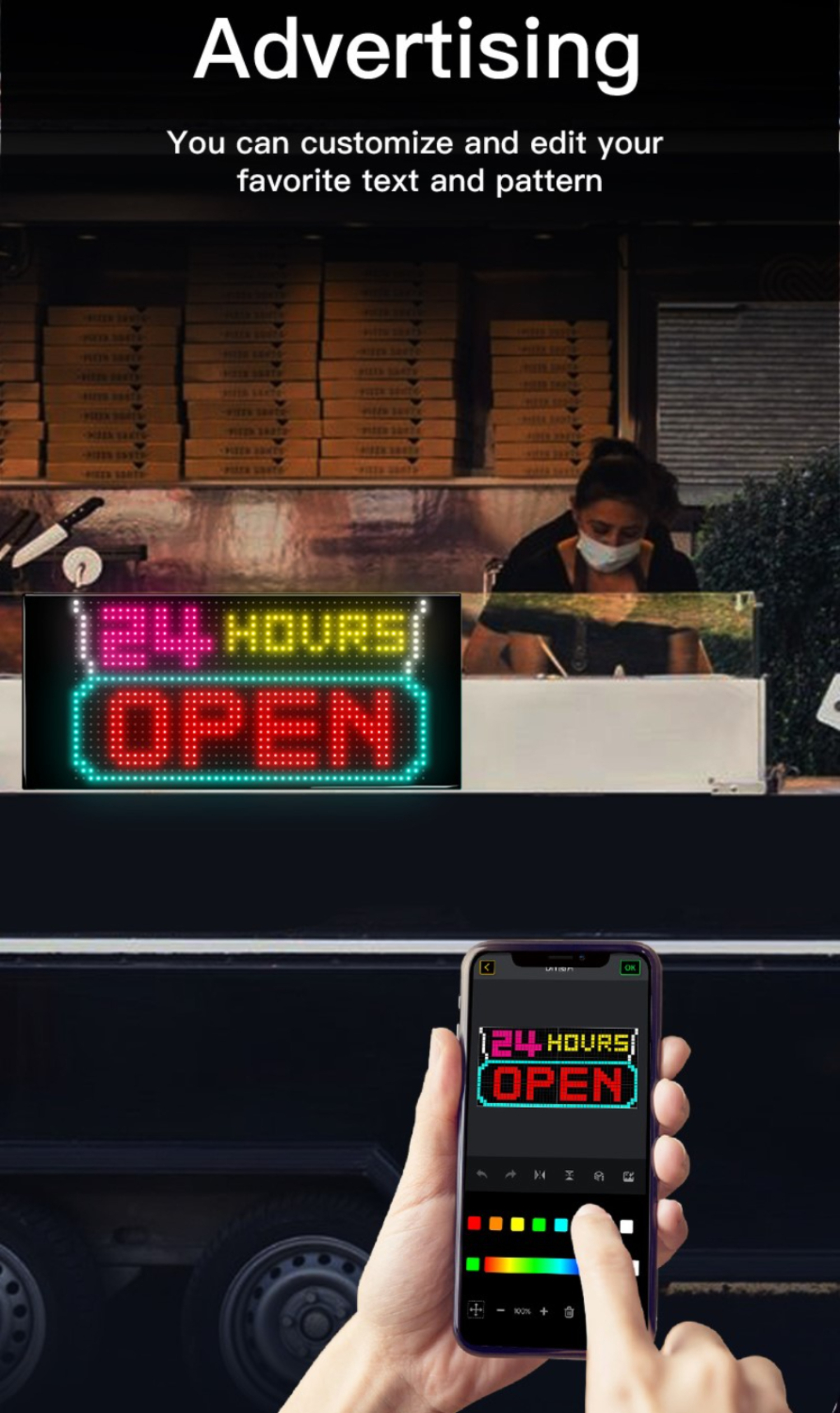 Eine Werbung, die einen Telefonbildschirm mit einem geöffneten Schild zeigt. Im Hintergrund ist ein Foodtruck zu sehen.