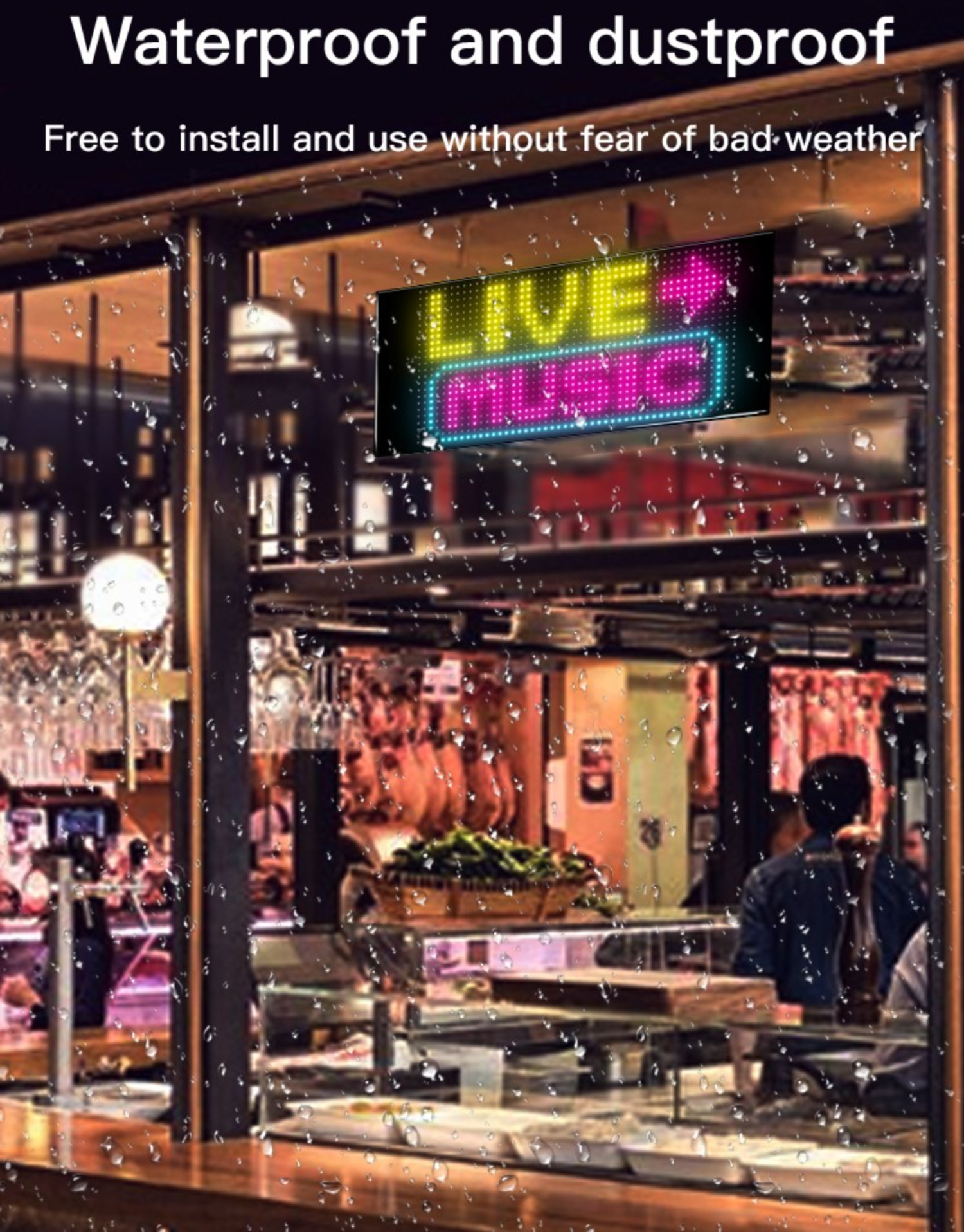 Ein Schild mit der Aufschrift 'LIVE MUSIC' in Neonfarben, über einer Bar, hinter einem verregneten Fenster.