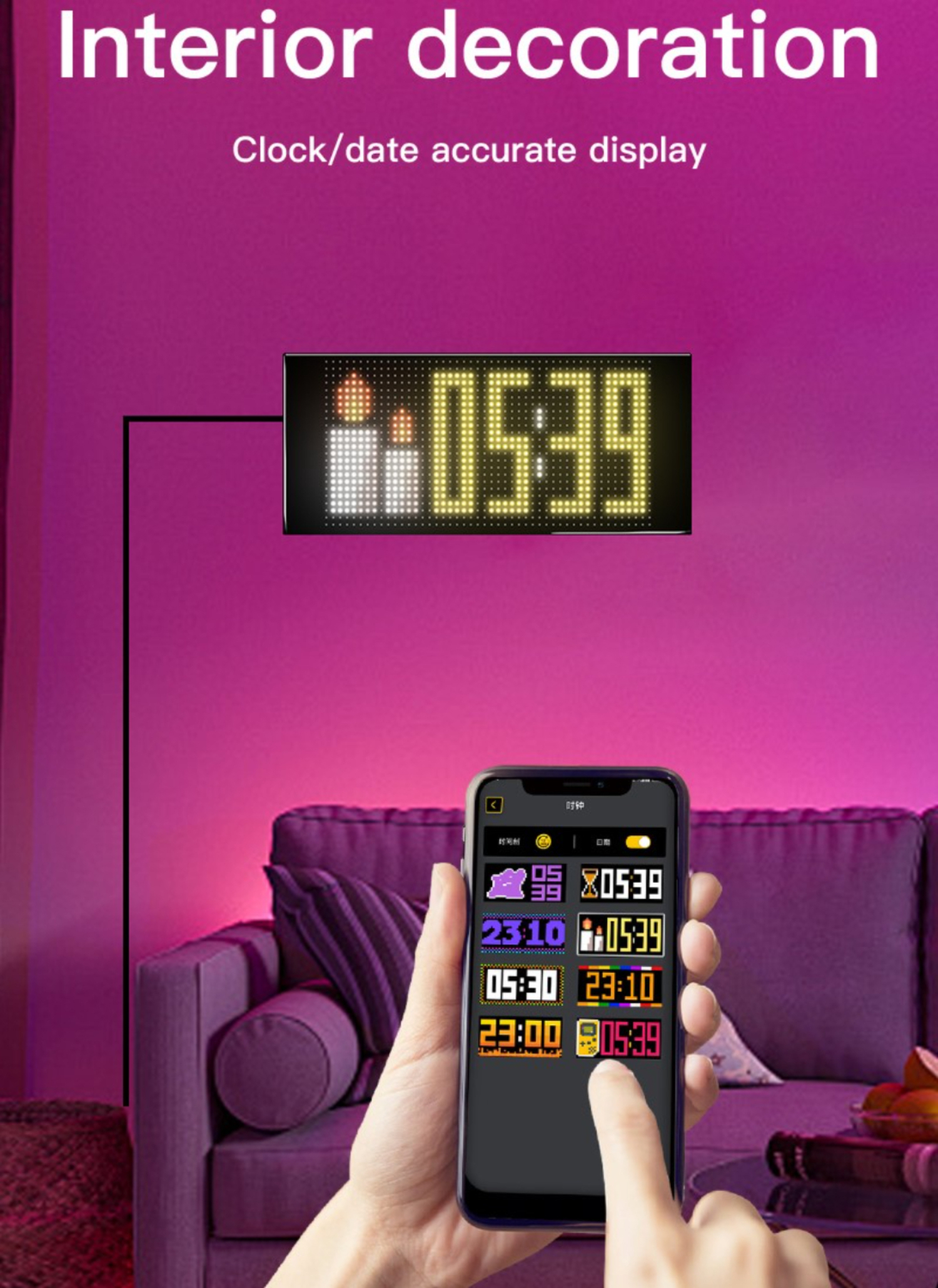 Digitaluhr mit der Zeit 05:39. Ein Telefon zeigt verschiedene Uhrenanzeigen. Lila und rosa Hintergrund.