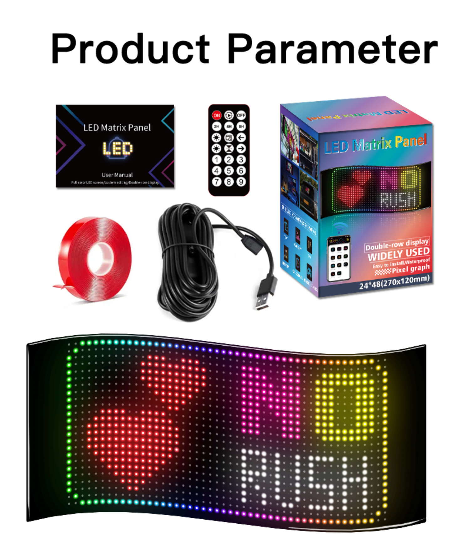 LED-Matrix-Panel mit Zubehör. Fernbedienung, Klebeband, Kabel und Box. Bunter Bildschirm, weißer Hintergrund.