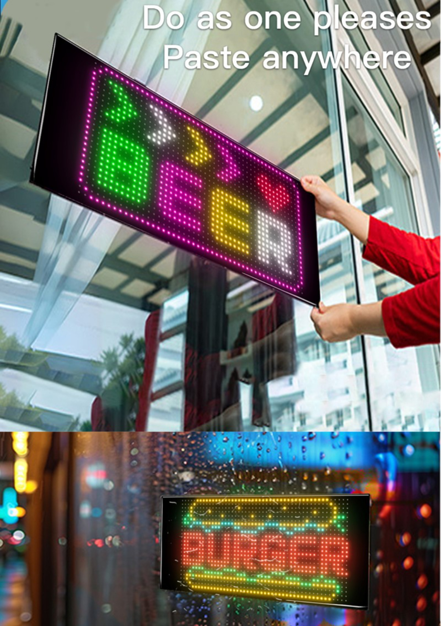 Eine Person installiert ein LED-Schild mit dem Text 'BEER' an einem Fenster. Der Hintergrund ist eine Stadt.