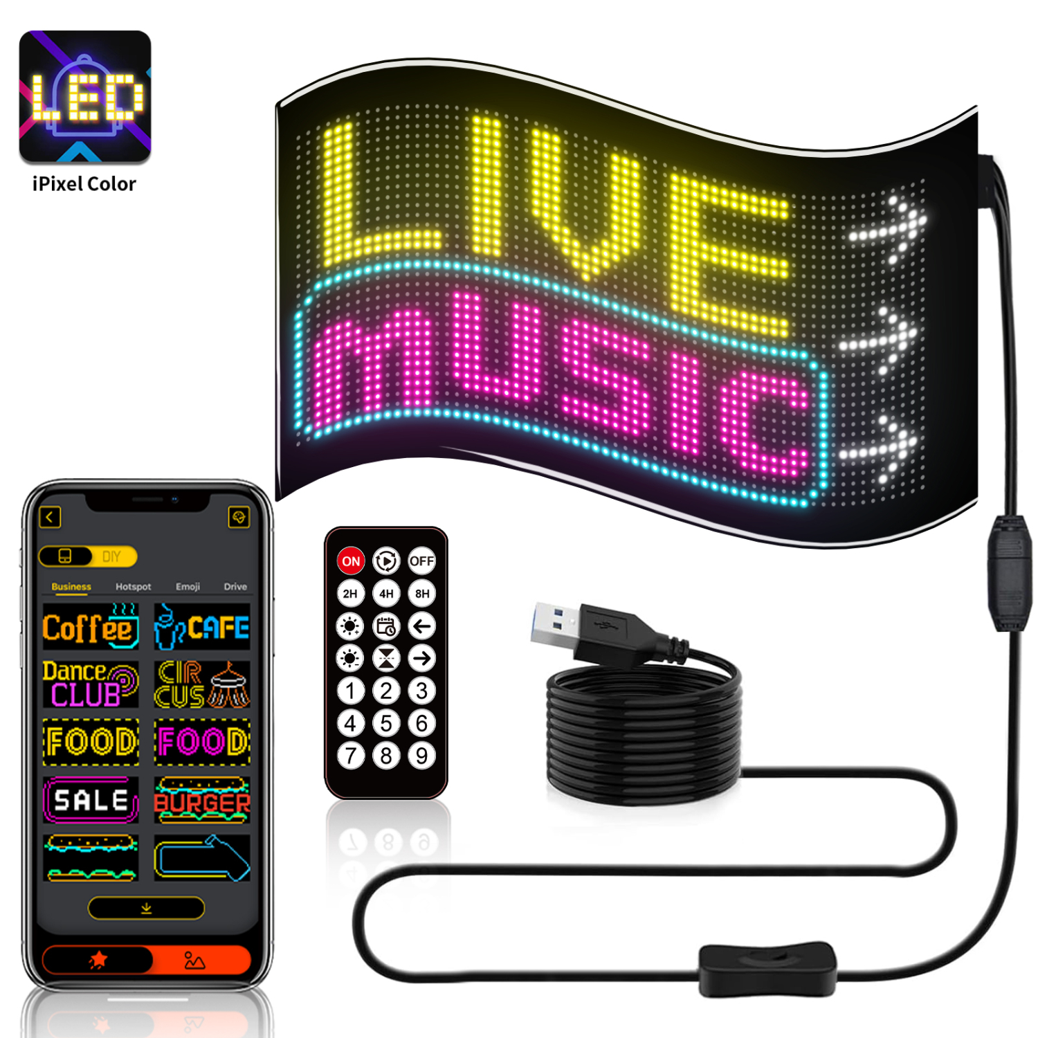 LED-Schild mit „LIVE MUSIC“ mit Controller, Telefon und Netzkabel. Schwarzer Hintergrund.