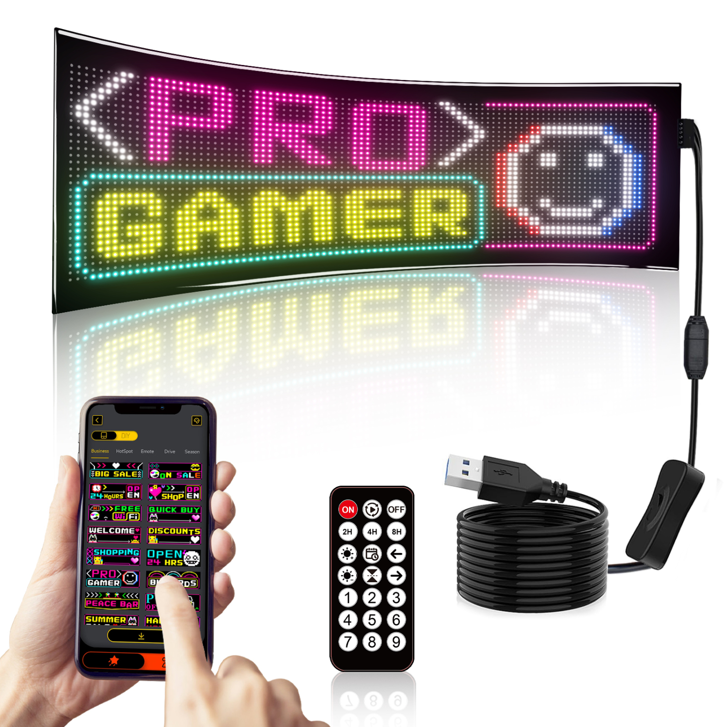 LED-Schild mit "PRO GAMER" und Smiley. Fernbedienung und Telefon mit App unten.