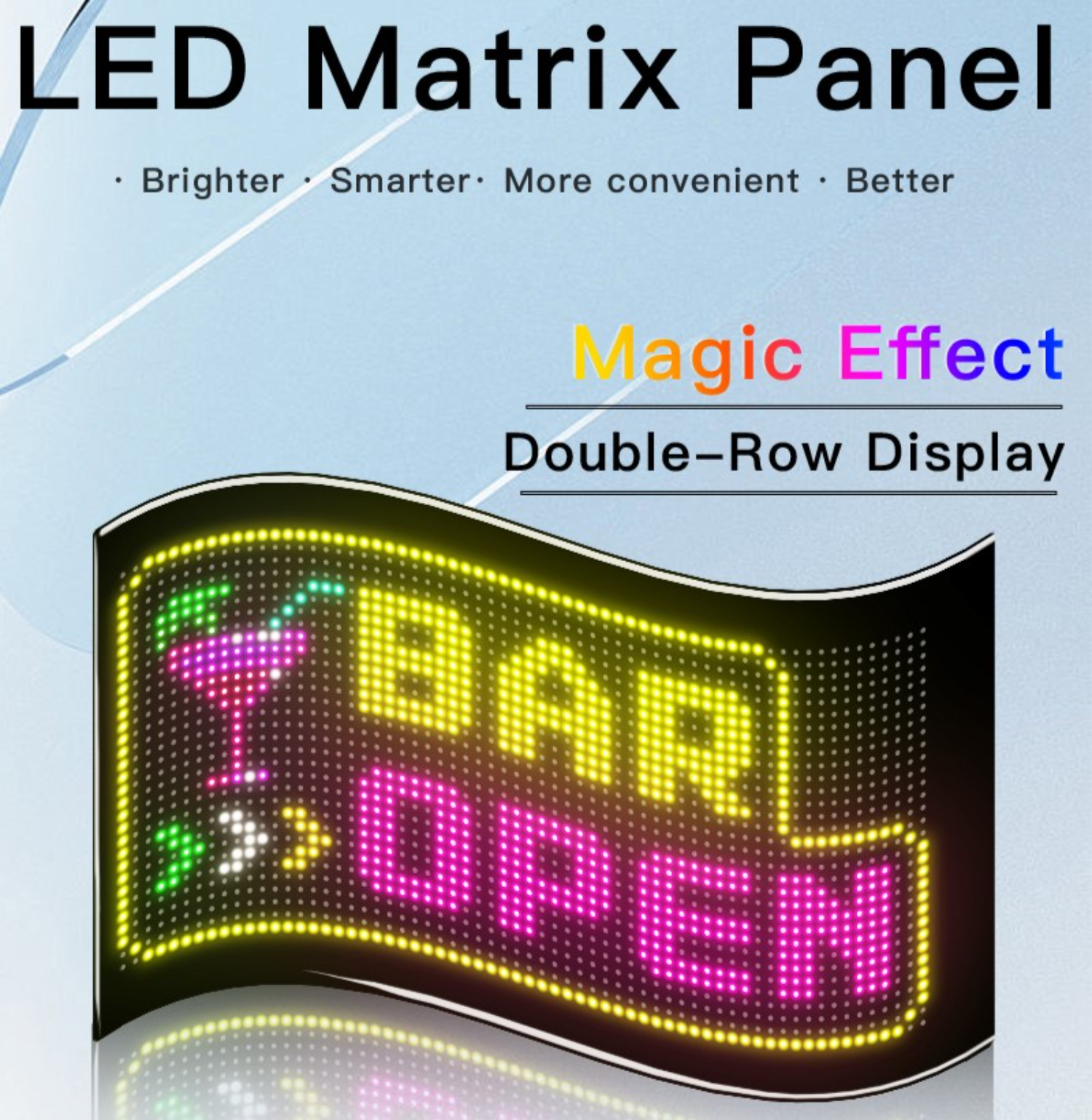 LED-Matrix-Panel mit der Aufschrift "BAR OPEN" mit rosa, gelben und grünen Neonlichtern.