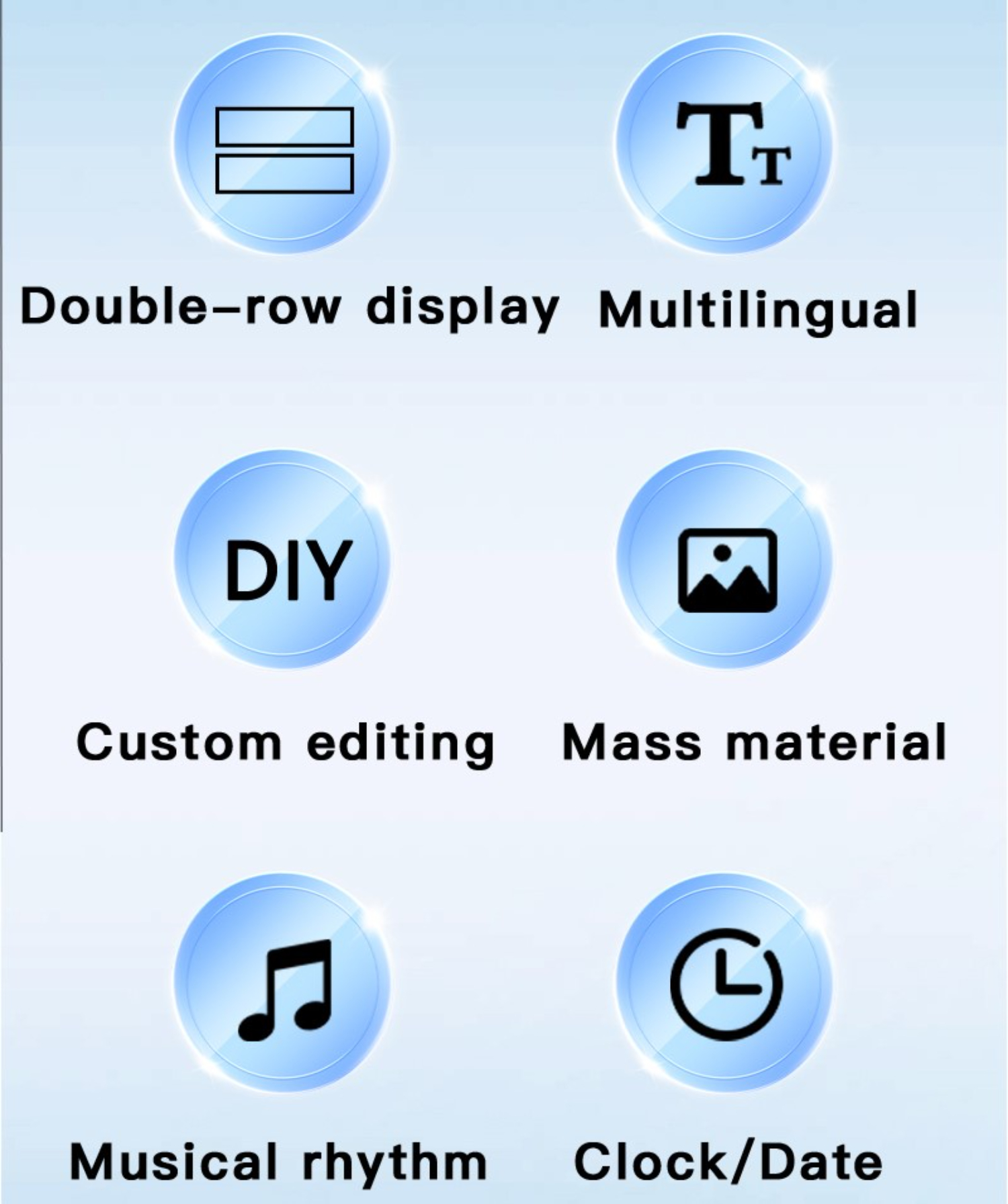 Symbole für Doppelreihenanzeige, Mehrsprachigkeit, benutzerdefinierte Bearbeitung, Massenmaterial, Musikrhythmus und Uhr/Datum.