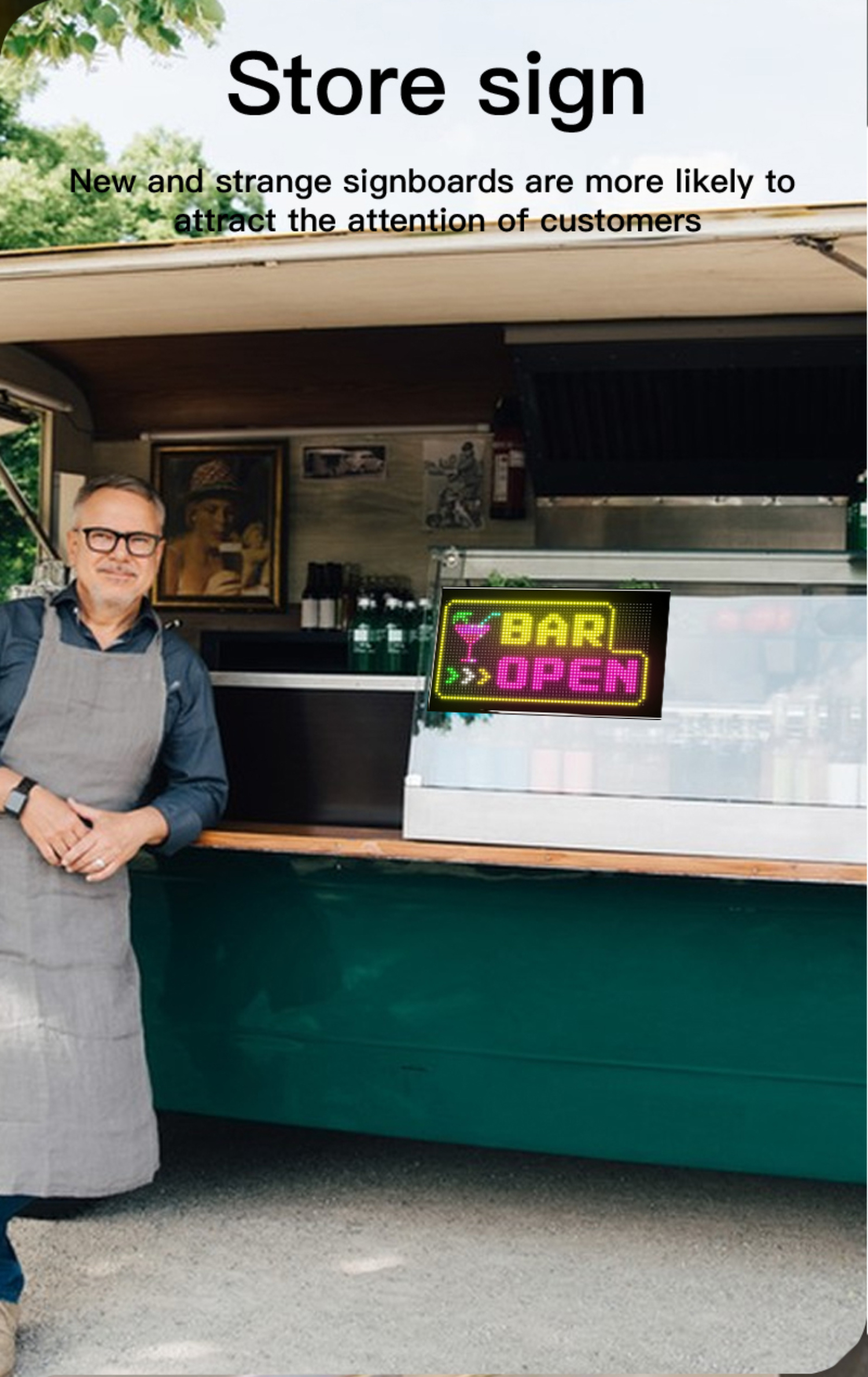 Ein Geschäft mit einem Neon-Schild mit der Aufschrift 'BAR OPEN'. Ein Mann in einer Schürze steht davor.