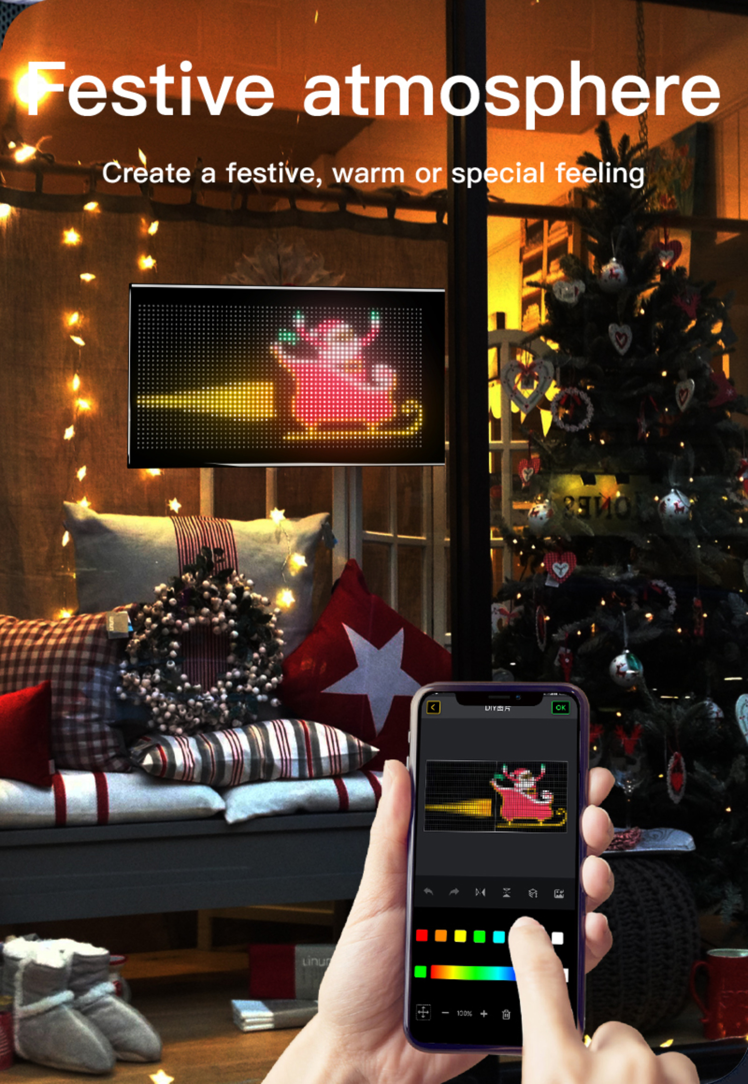 Person hält Telefon mit Santa-Schlitten-Anzeige, digitale Anzeige mit Weihnachtsbaum.