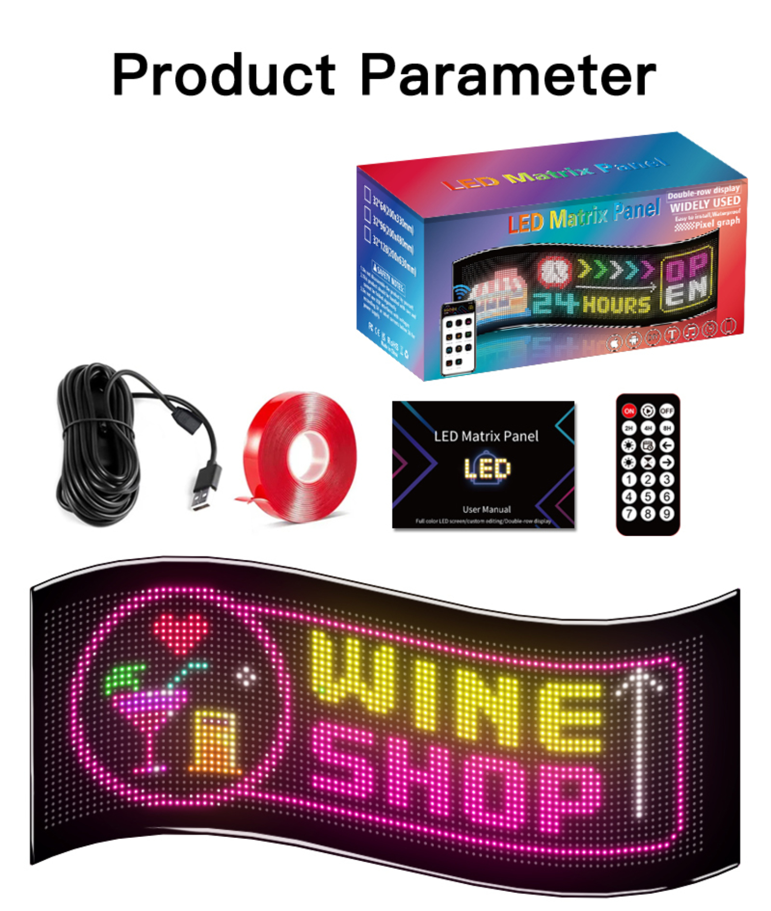 Anzeige mit Fernbedienung und anderem Zubehör. Schild sagt 'WINE SHOP' in Neonfarben.