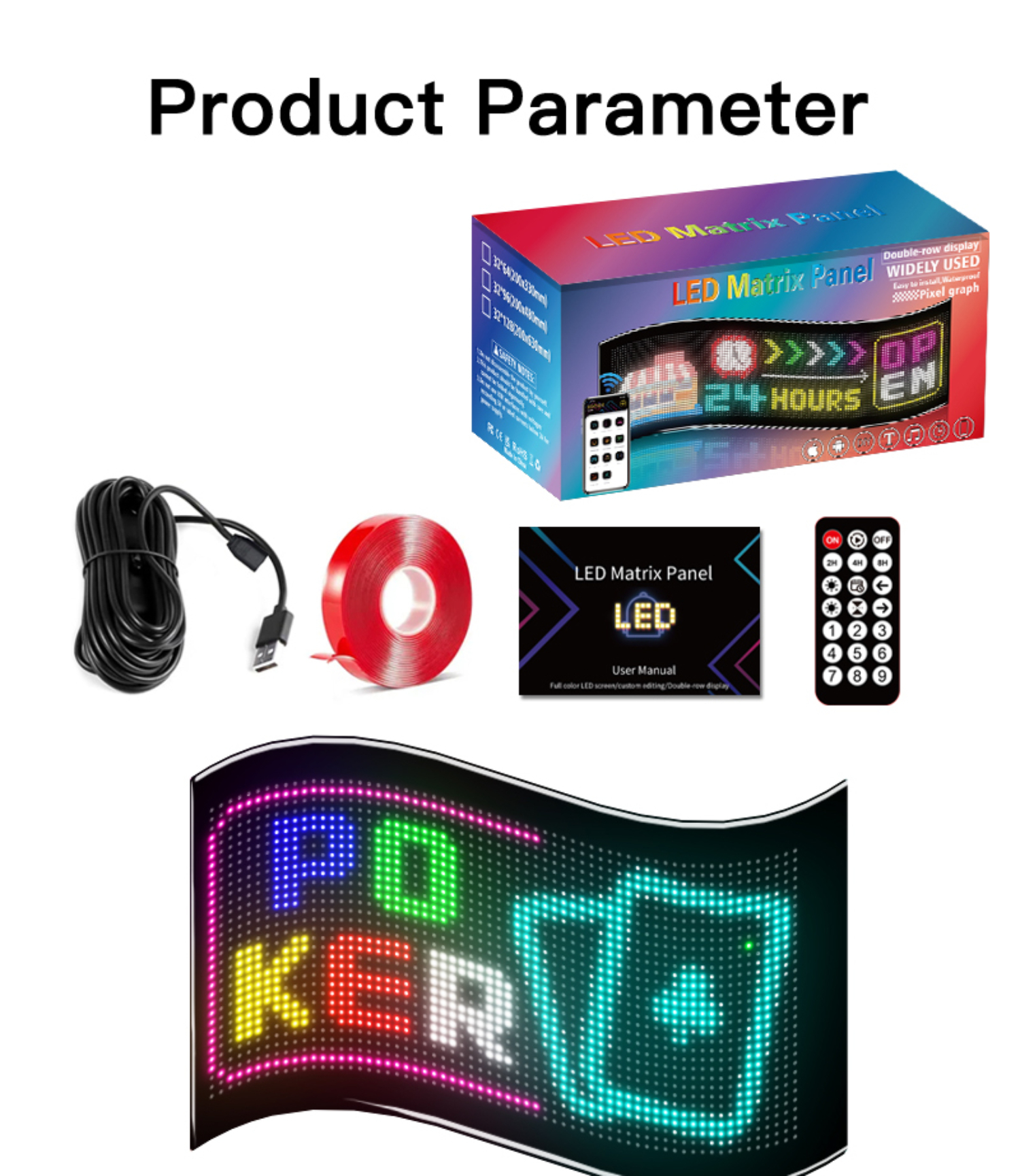 Produktparameter mit LED-Matrix-Panel, Fernbedienung und Zubehör auf Weiß.