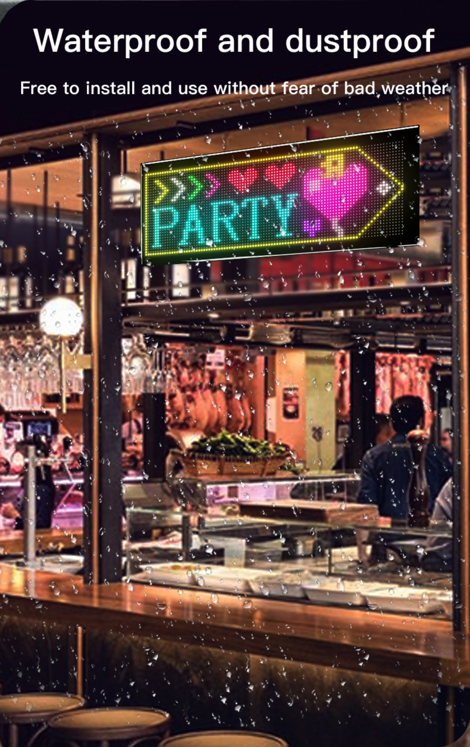 Schild vor einer Bar zeigt das Wort 'PARTY' mit Herzen im Regen.