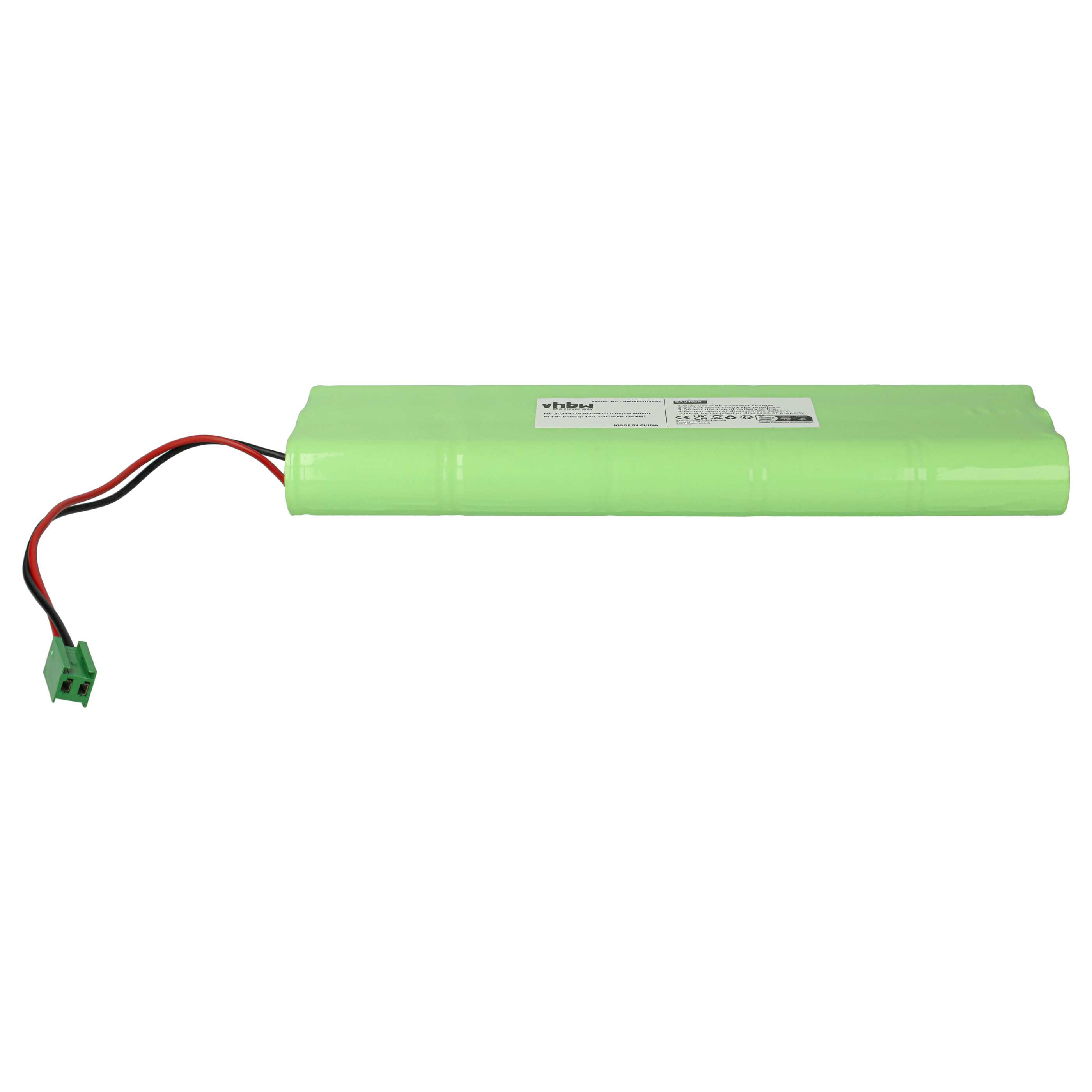 Eine lange, hellgrüne Batterie mit roten und schwarzen Kabeln.