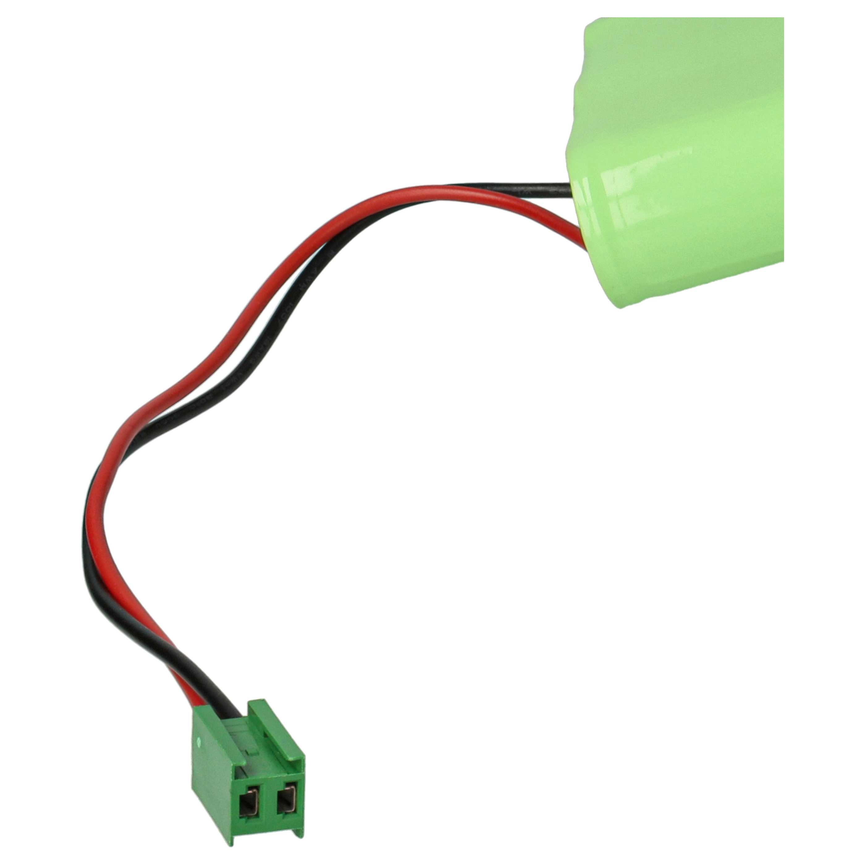 Grüne Batterie mit roten und schwarzen Drähten, die an einen grünen Stecker angeschlossen sind.