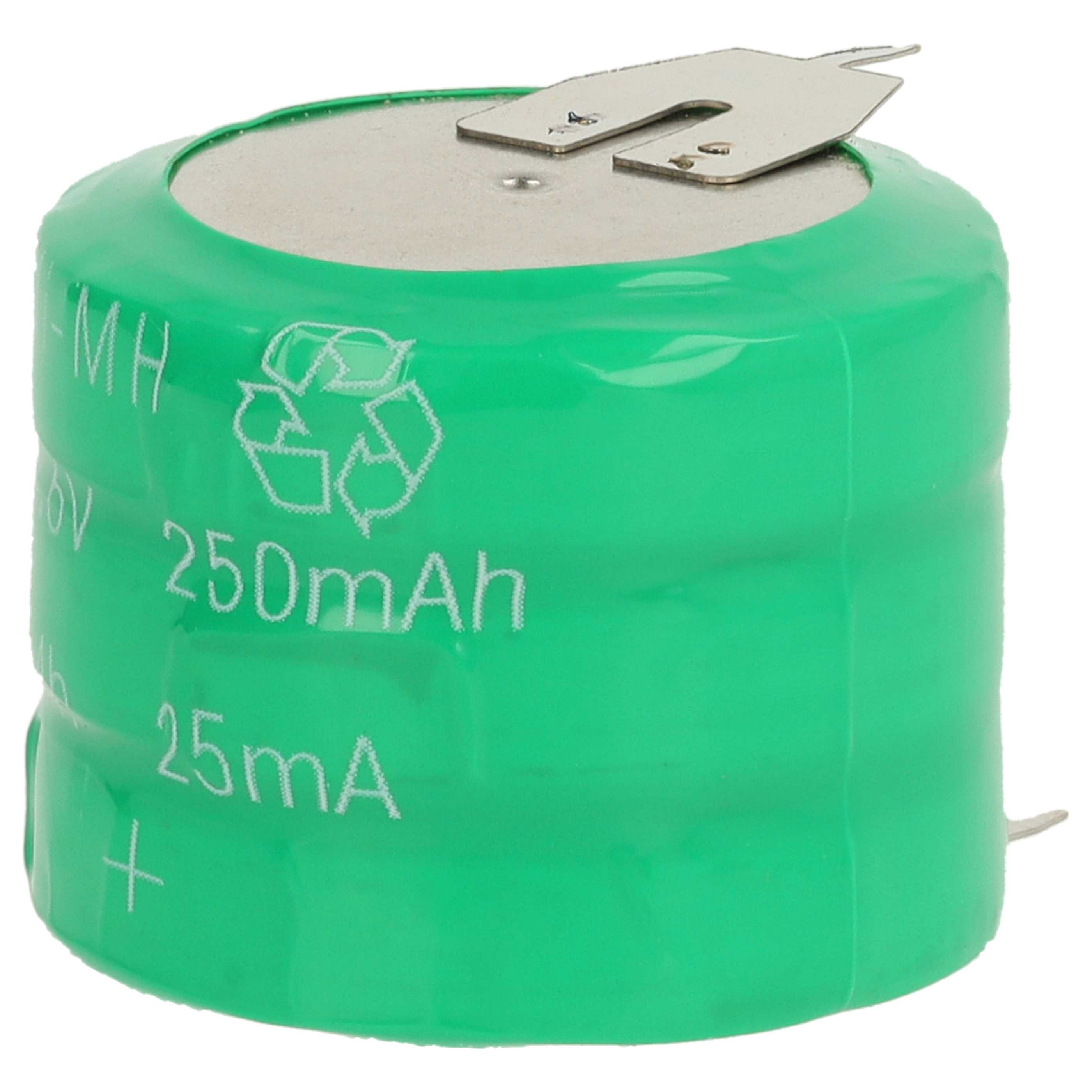 Grüne zylindrische Batterie mit Text: 250 mAh, 25 mA und einem Recyclingsymbol. Metallkontakte oben.