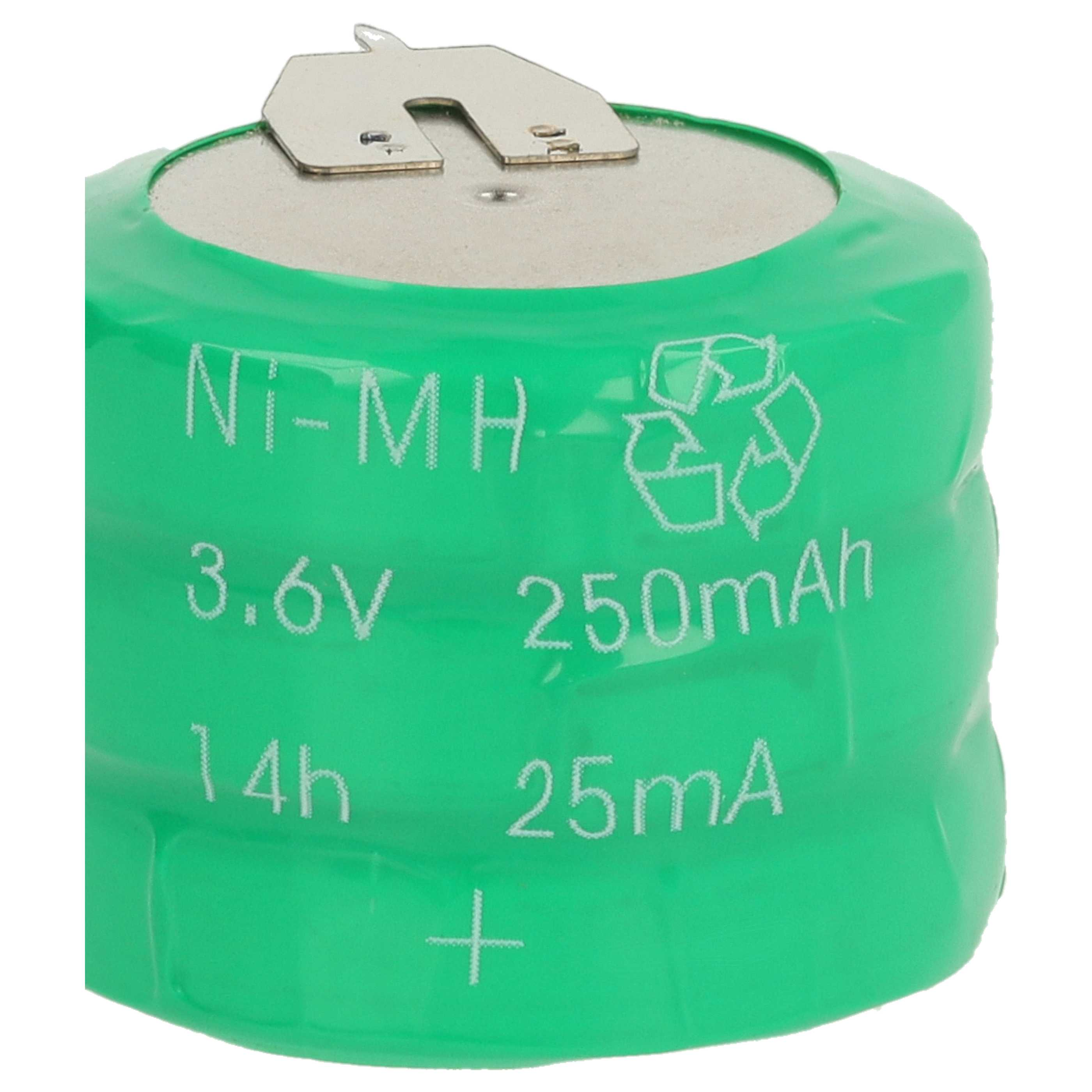 Grüne Ni-MH-Batterie, 3,6 V, 250 mAh, mit Recycling-Symbol und Pluszeichen.