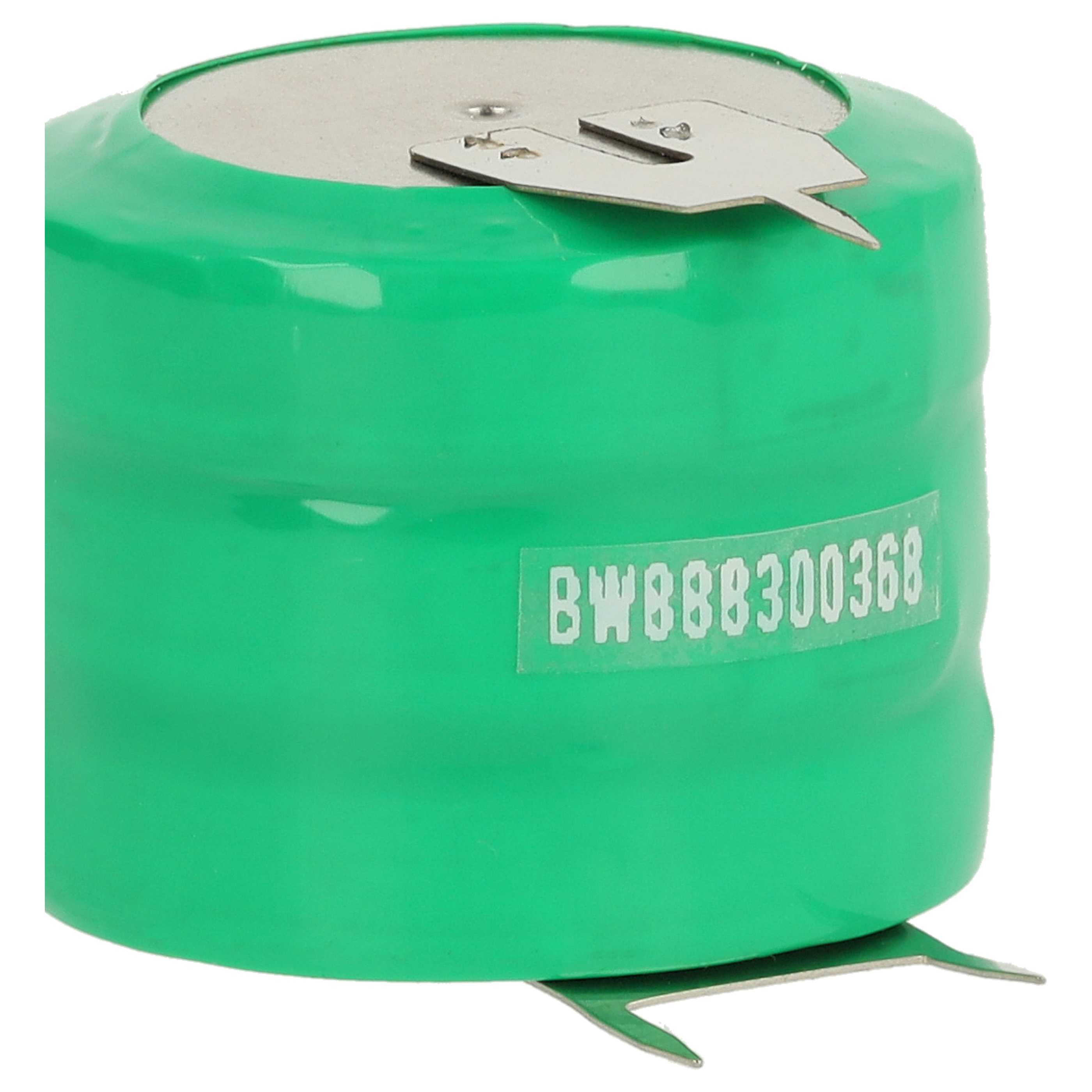 Eine grüne Batteriezelle mit Metalloberseite und zwei Metalllaschen. Text: 'BW888300368'.