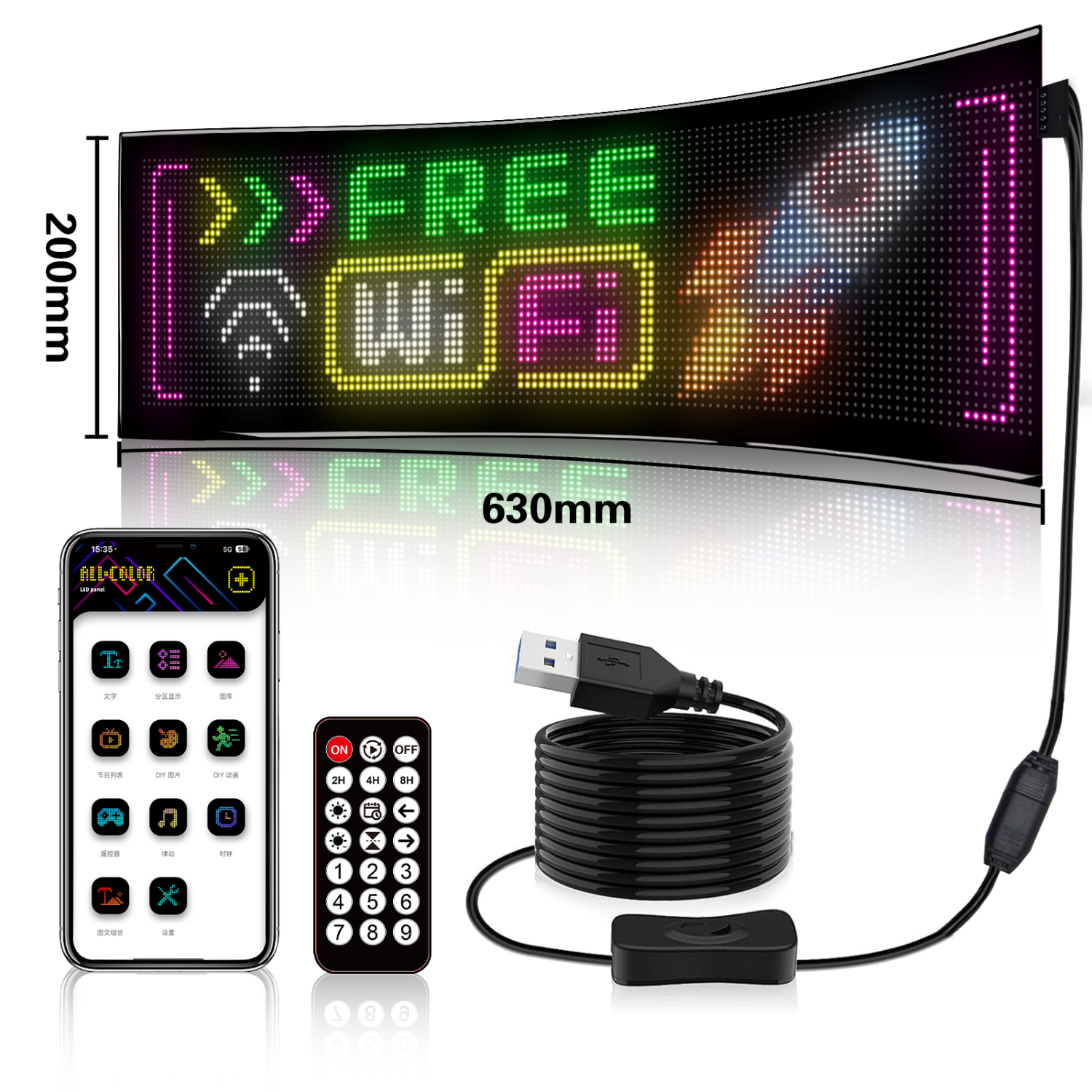 Ein gebogenes LED-Schild mit 'FREE WIFI', neben einem Telefon, einer Fernbedienung und einem USB-Kabel, alles weiß.