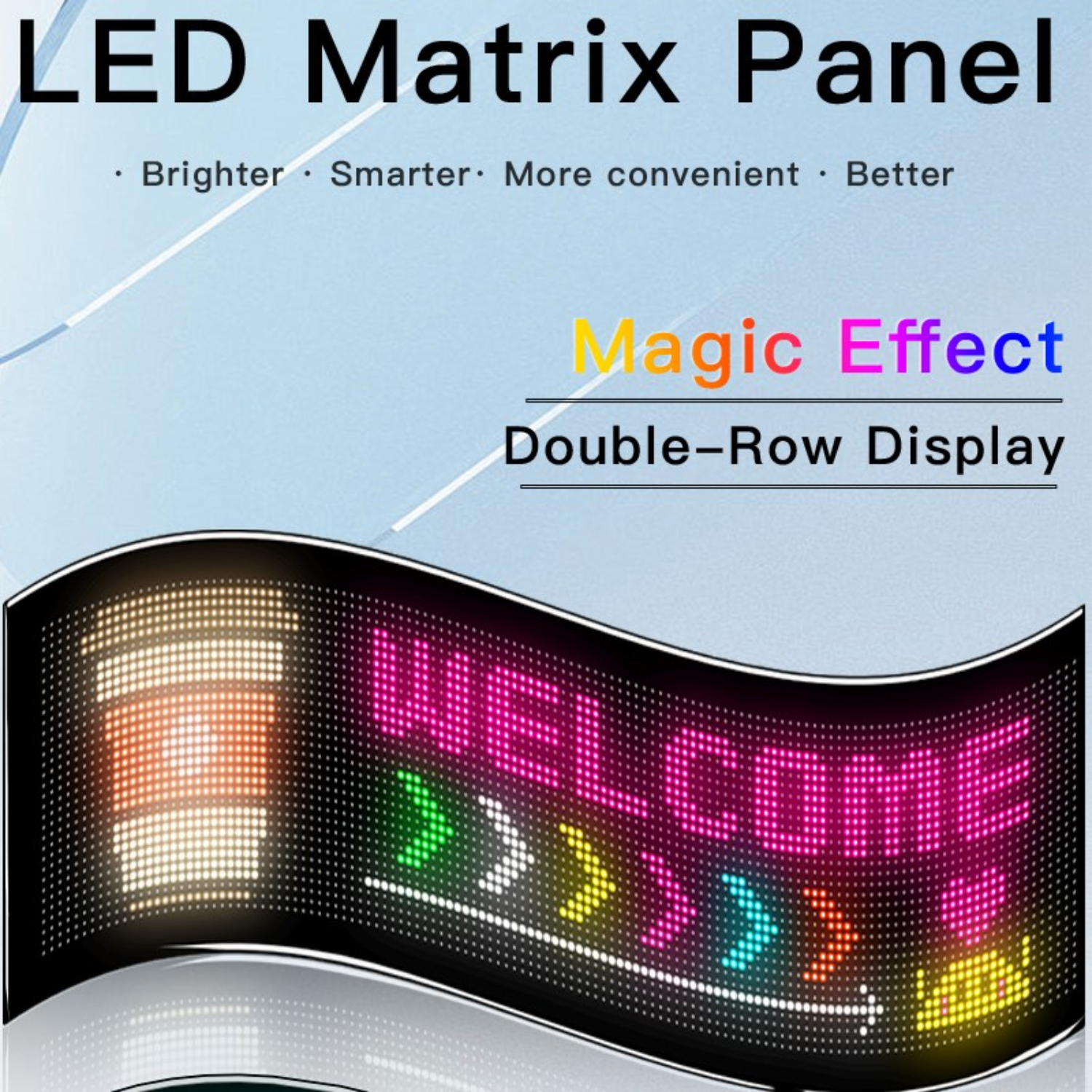 LED-Matrix-Panel, das eine Willkommensnachricht mit bunten Pfeilen und einem Logo anzeigt.
