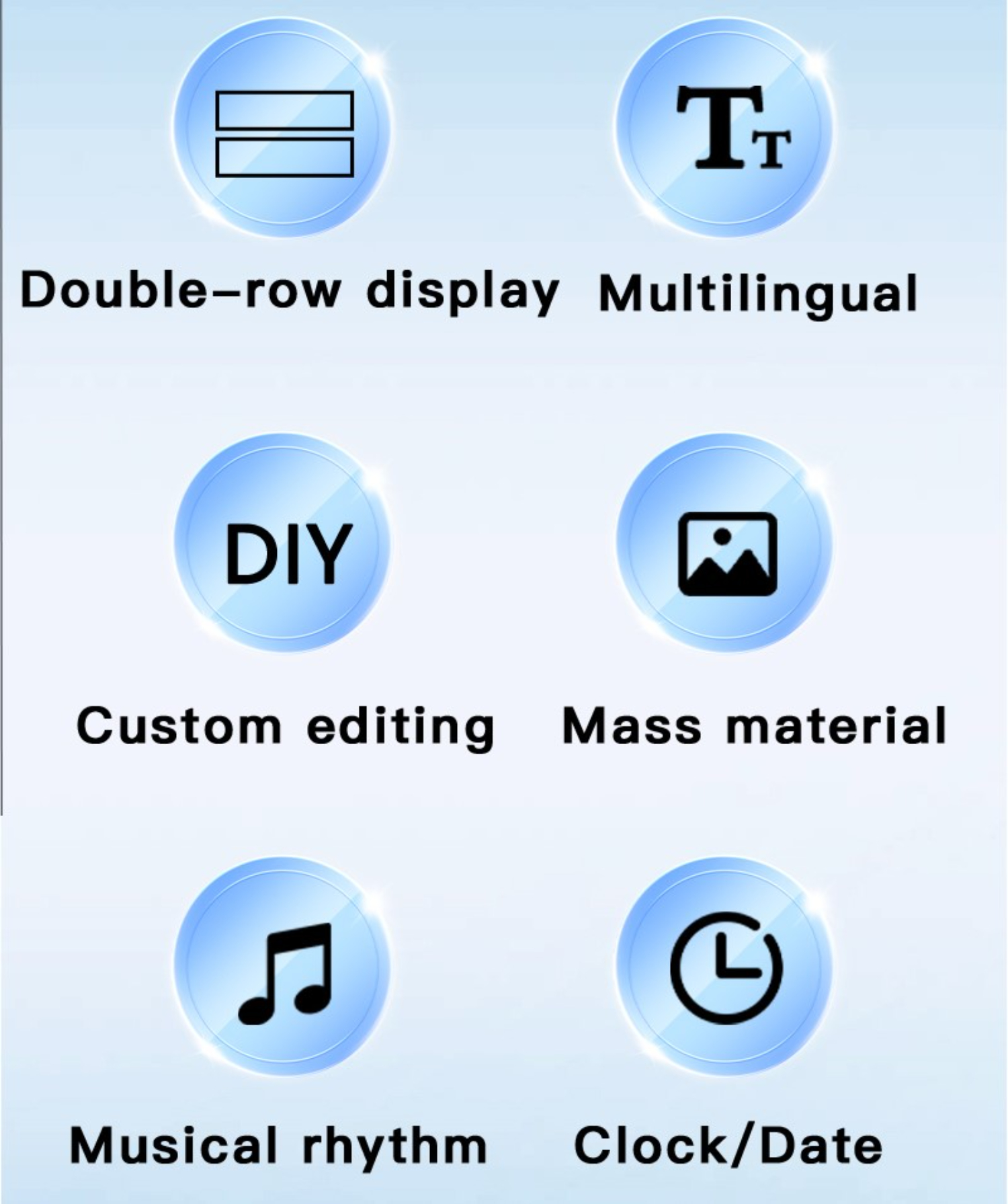 Symbole für Doppelzeilenanzeige, mehrsprachig, benutzerdefinierte Bearbeitung, Massenmaterial, Musikrhythmus, Uhr/Datum.