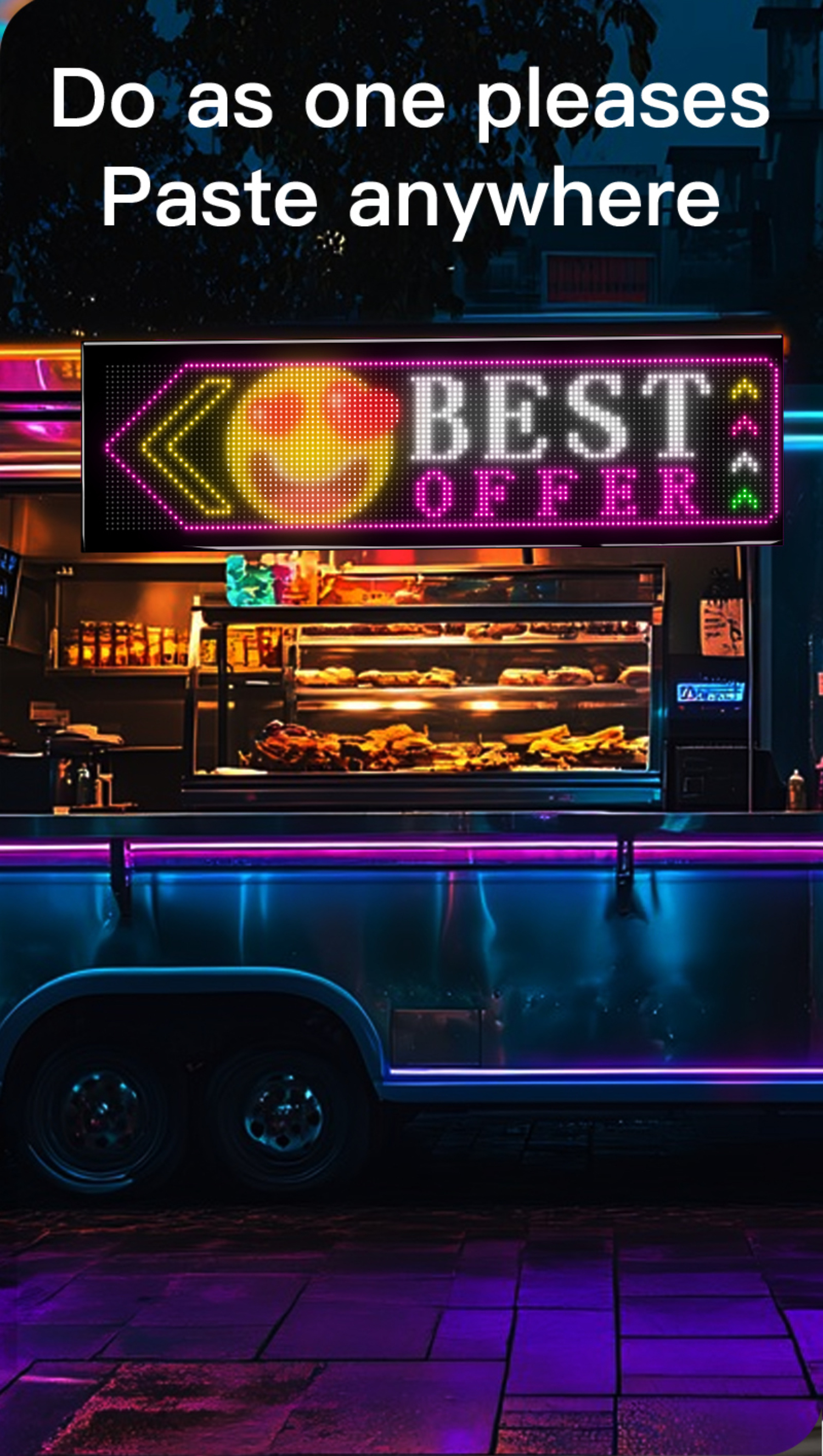 Foodtruck mit Neon-Best-Offer-Schild und Stadt-Hintergrund.