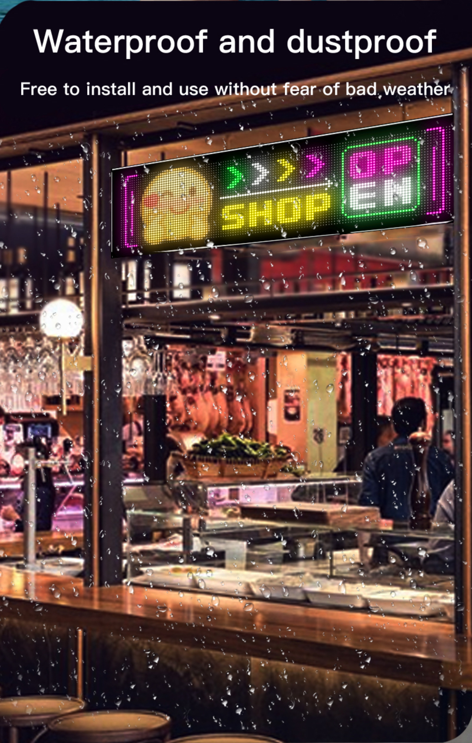 Shop-Schild mit LED-Lichtern, durch Regen betrachtet, Werbung für geöffnetes Geschäft.