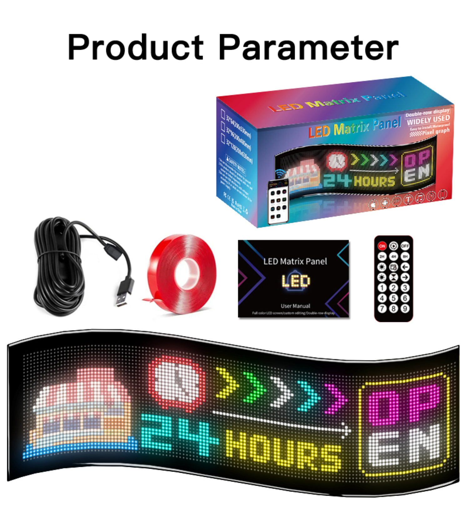 LED-Matrix-Panel mit Zubehör: Fernbedienung, Netzkabel, doppelseitiges Klebeband und Benutzerhandbuch.