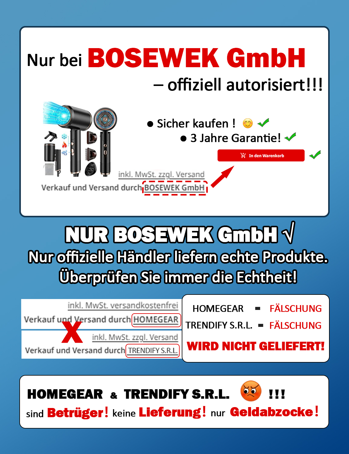 Werbung: BOSEWEK GmbH, bietet Haartrockner an, zeigt Garantie und Echtheit.