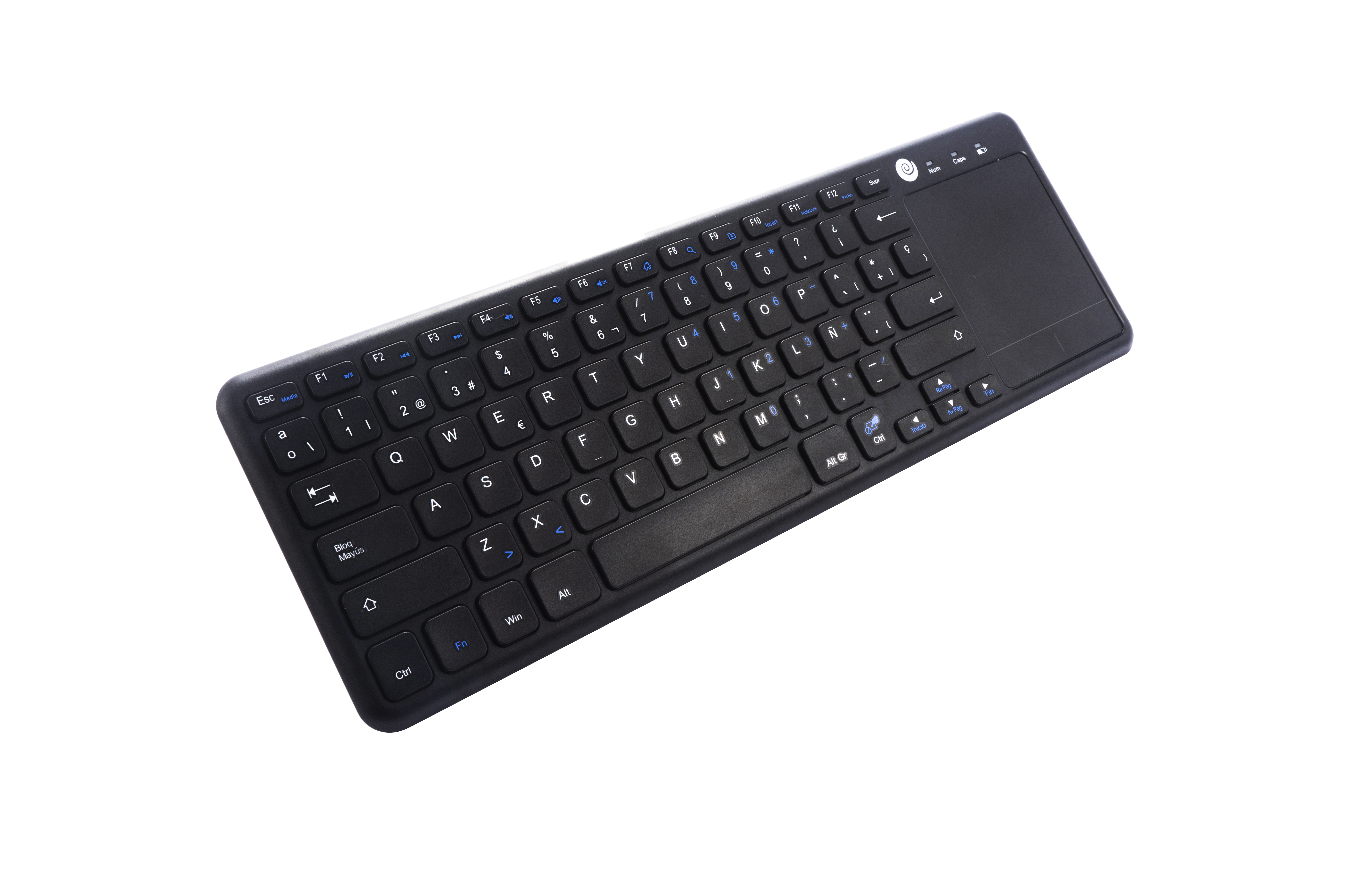 Schwarze drahtlose Tastatur mit Touchpad. Blaue und weiße Tasten. Graues Touchpad.