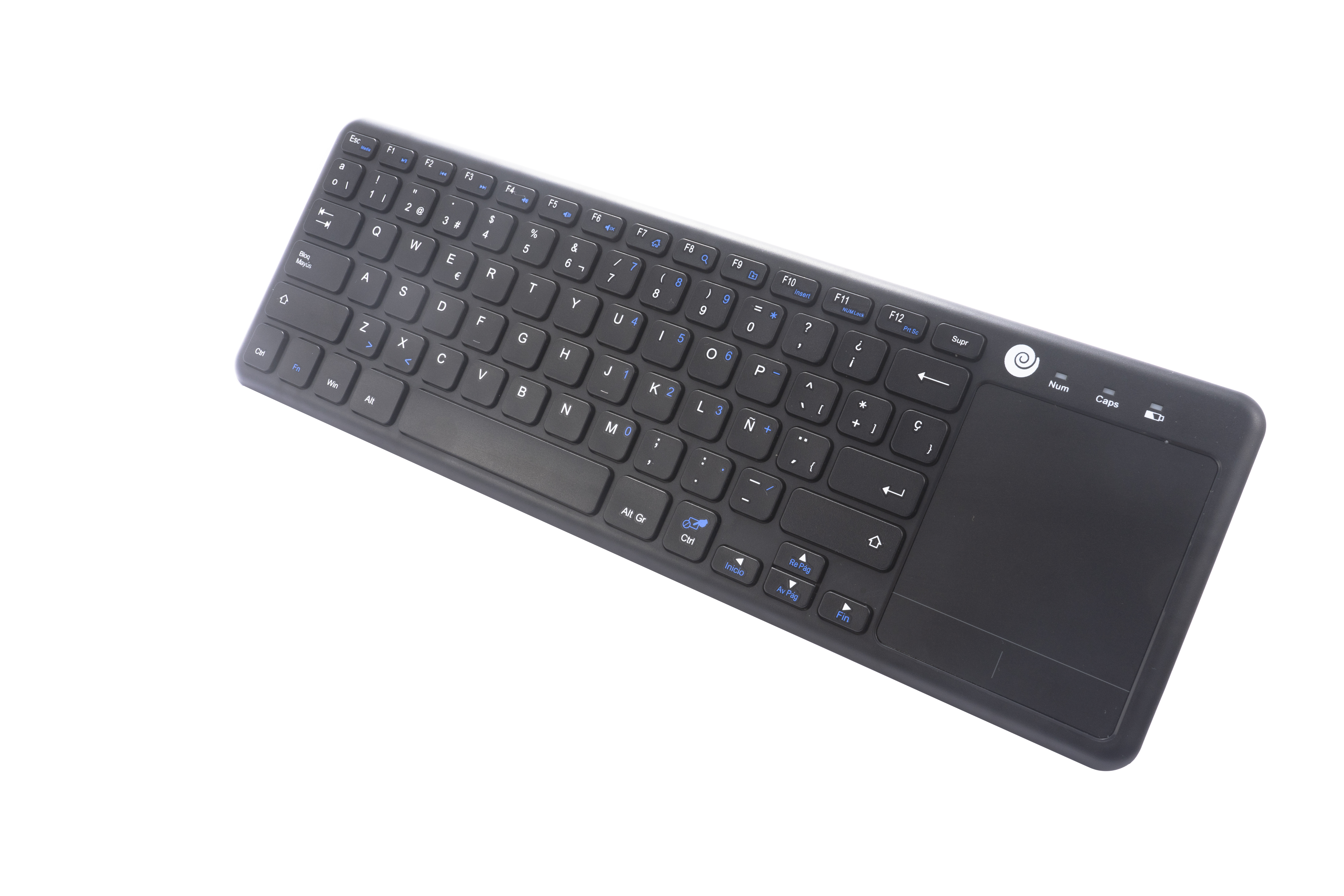 Schwarze kabellose Tastatur mit Touchpad auf weißem Hintergrund.