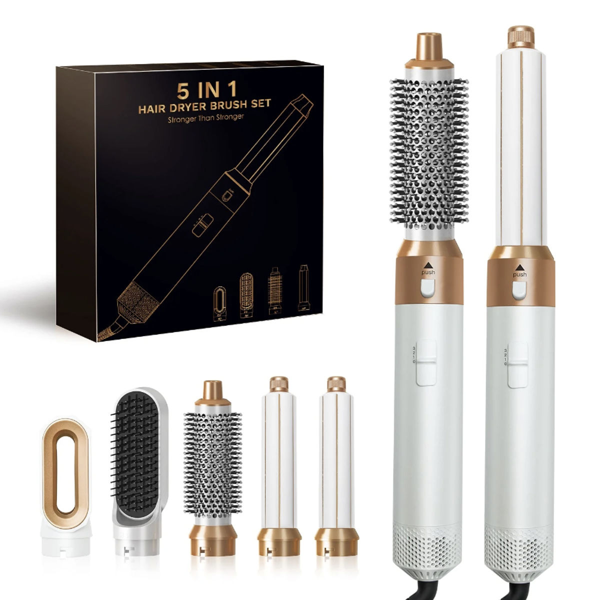 5-in-1 Haartrockner-Bürstenset. Eine schwarze Box links. Mehrere weiße und goldene Aufsätze rechts.