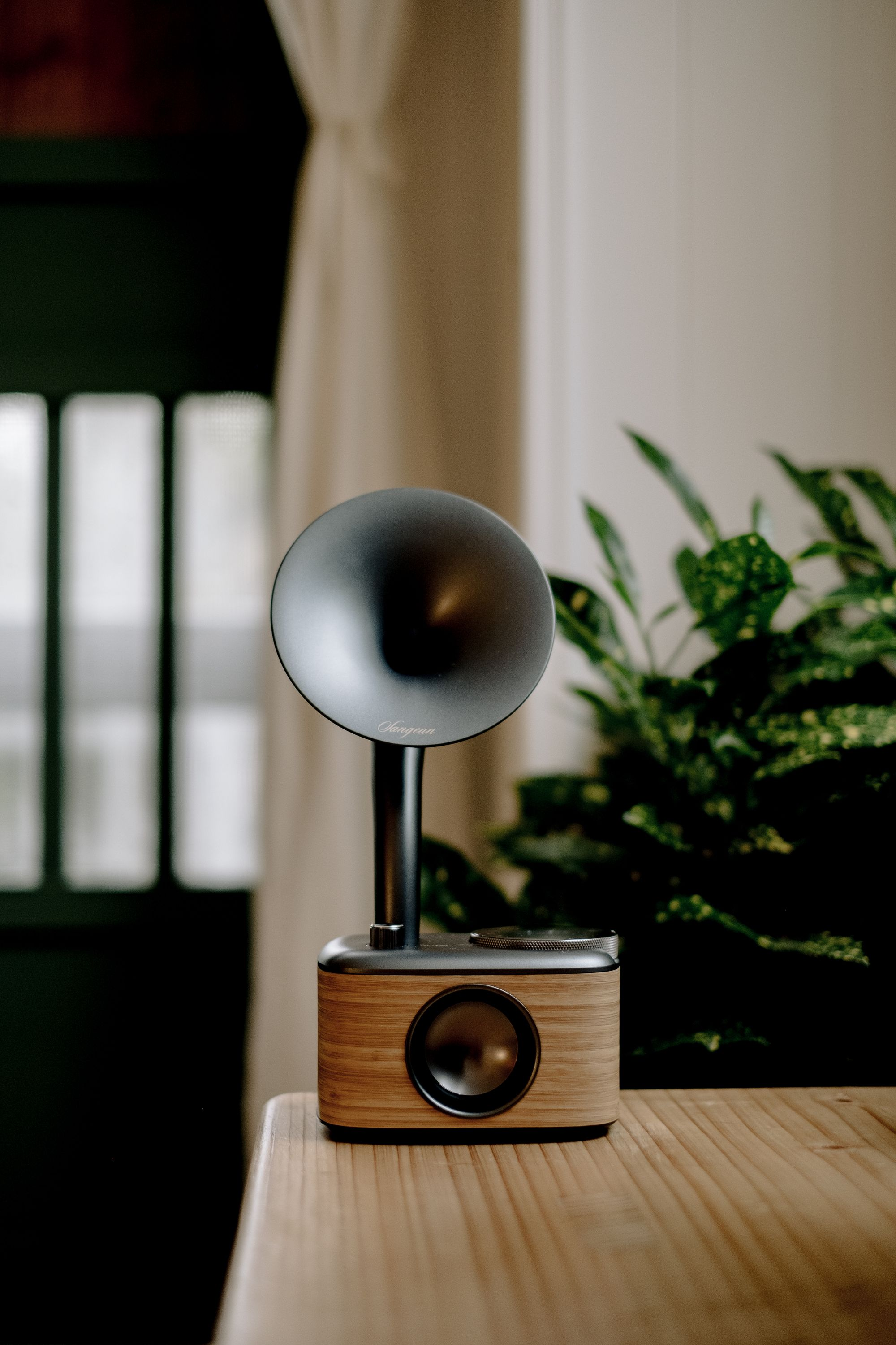 Ein Lautsprecher mit Holzsockel und schwarzem Horn in einem Raum mit Pflanze und Vorhang.