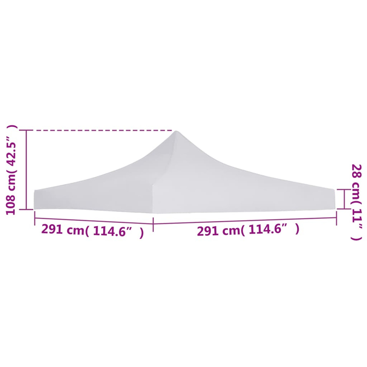 Tenda bianca con dimensioni etichettate. È una tenda con la parte superiore a punta.