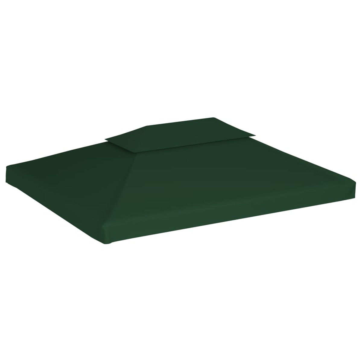 Un tetto gazebo verde scuro. Il tetto ha una base quadrata con un quadrato più piccolo e rialzato sopra.