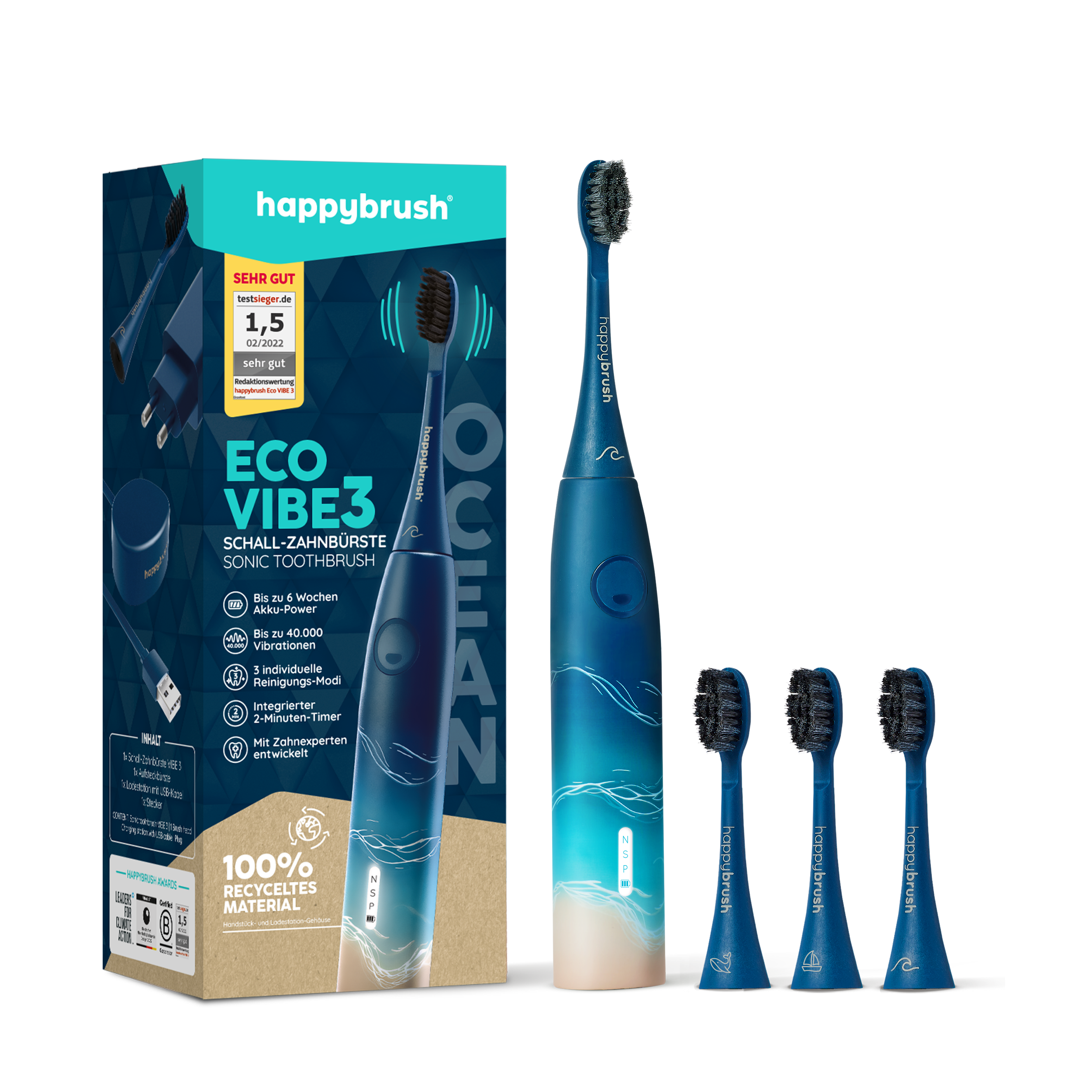 Blaue elektrische Zahnbürste mit Box und Ersatzköpfen. Auf der Box steht 'happybrush' und 'ECO VIBE3'.