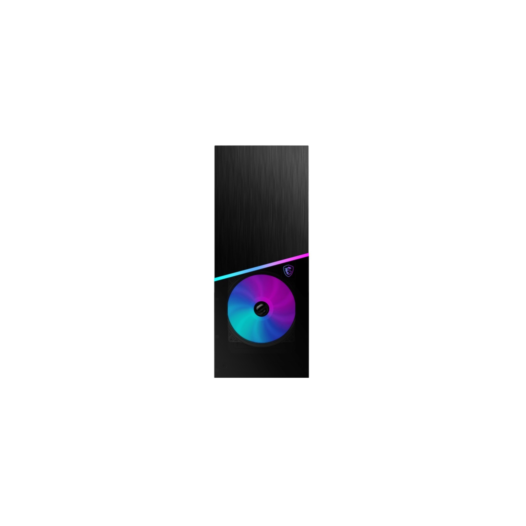 Case nero per computer con ventola colorata. L'involucro ha una finitura scura.