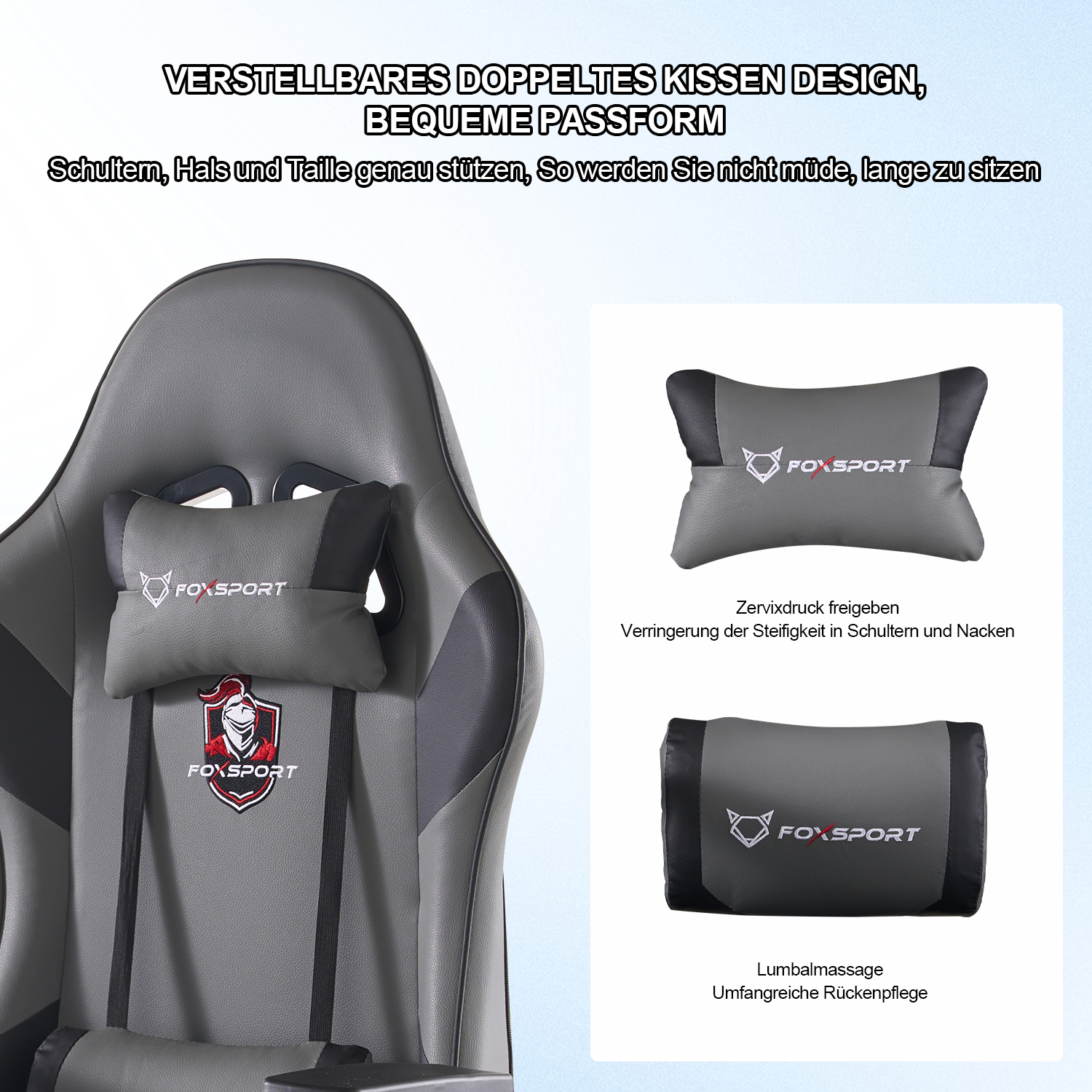 Gaming-Stuhl mit verstellbaren Kissen. Der Stuhl ist grau und schwarz.