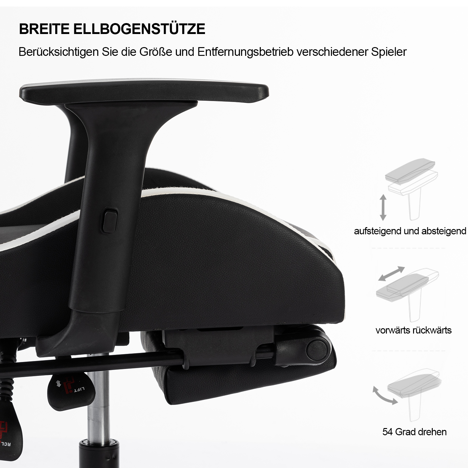 Nahaufnahme einer schwarz-weißen Gaming-Stuhllehne, die Einstellmöglichkeiten zeigt: hoch/runter, vorwärts/rückwärts.