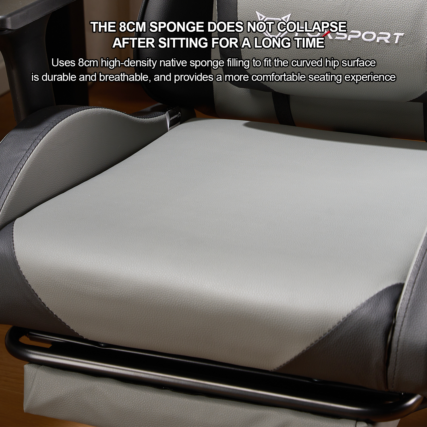 Primer plano del asiento de la silla gamer, gris y negro. Texto promociona la esponja.