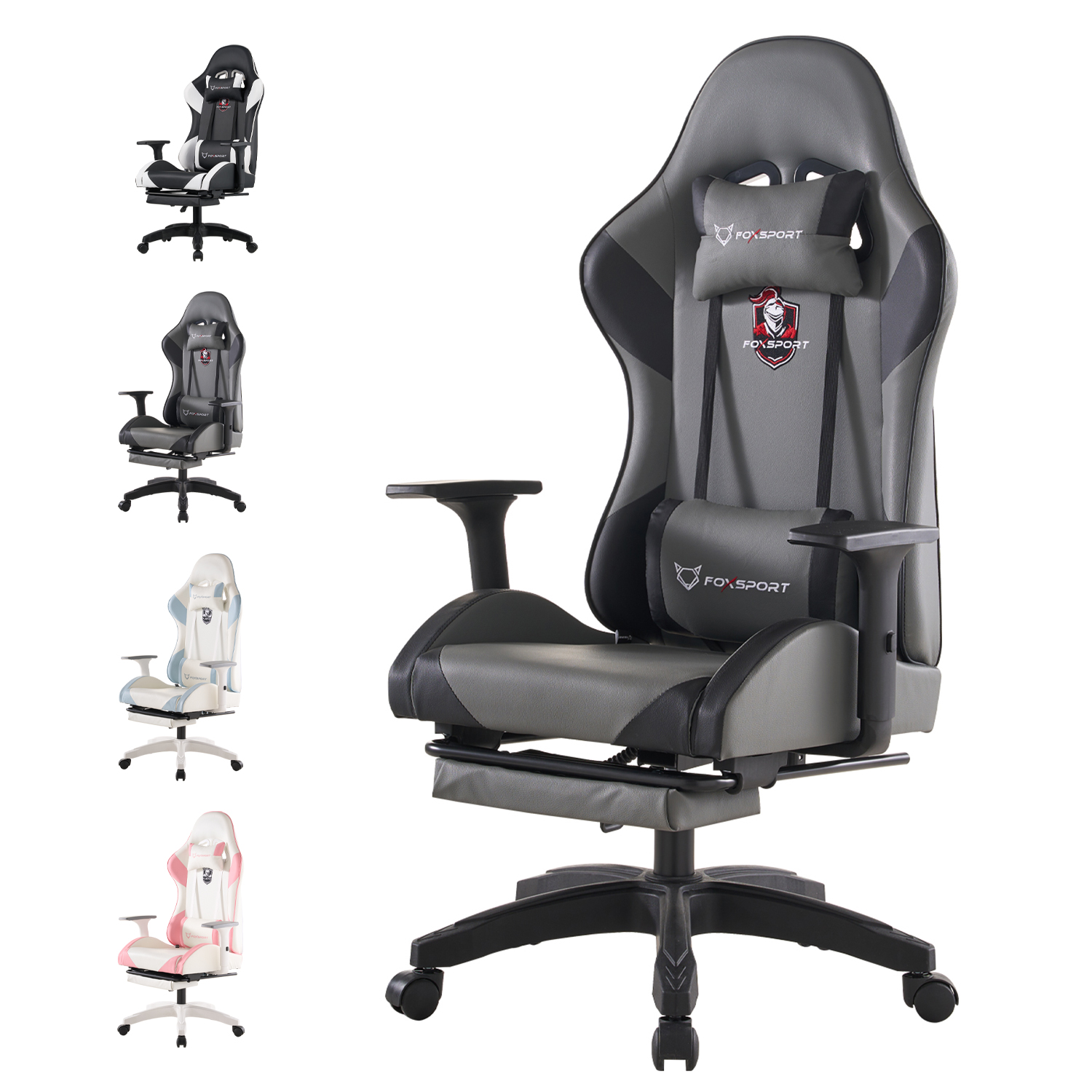 Gaming-Stuhl in Grau und Schwarz, mit mehreren anderen Farboptionen. Der Stuhl hat eine Kopfstütze und eine Fußstütze.
