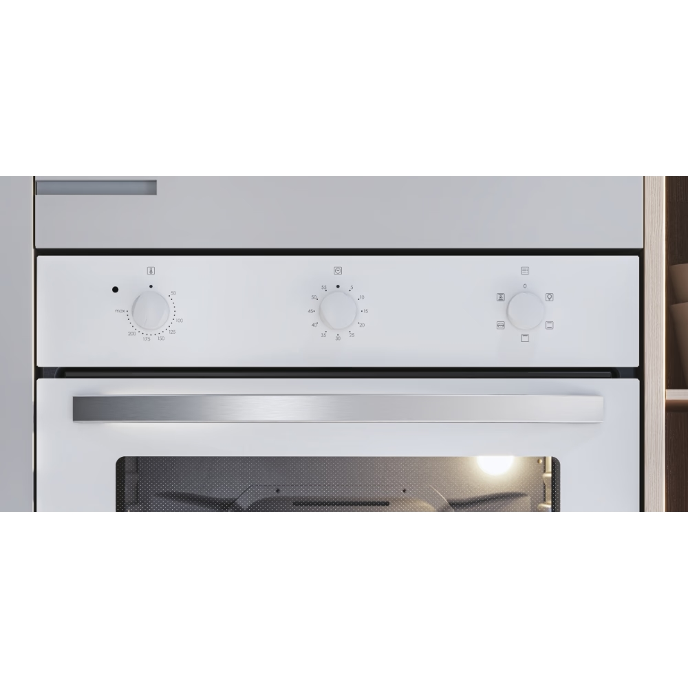 Pannello comandi forno bianco con manopole e pulsanti, legno accanto.