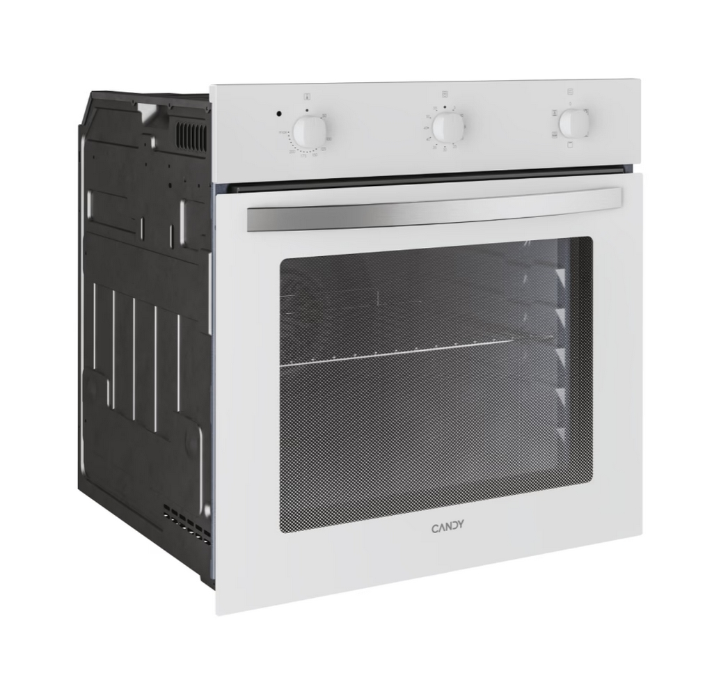 Forno bianco con tre manopole e porta a vetro; interno nero. Logo Candy.