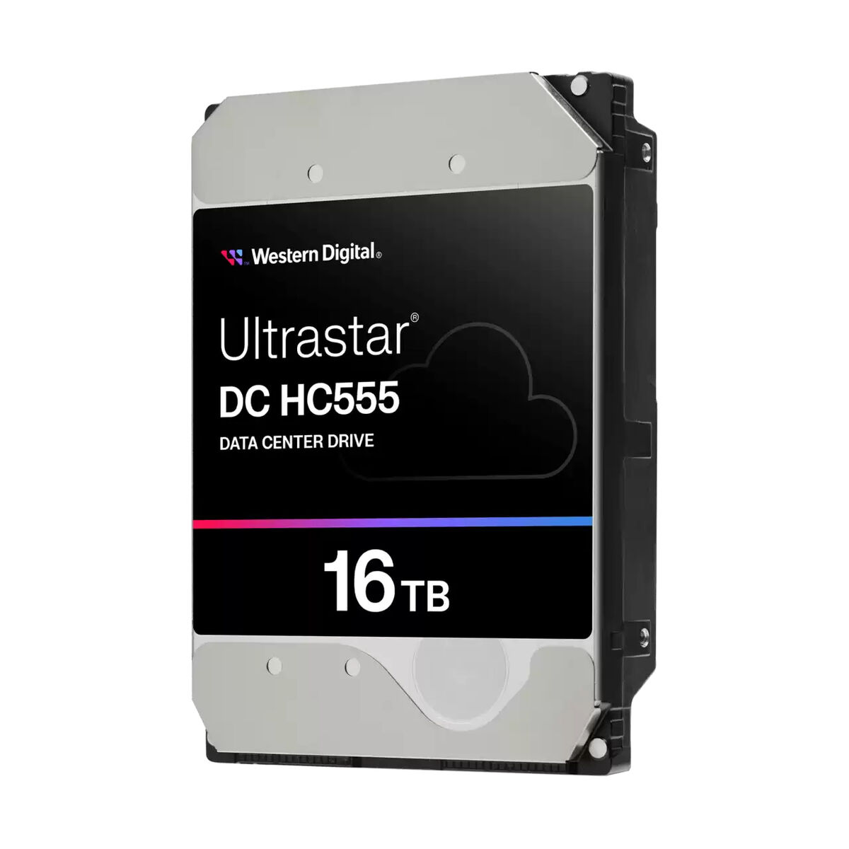 Dysk twardy z logo Western Digital, Ultrastar i pojemnością 16TB na białym tle.